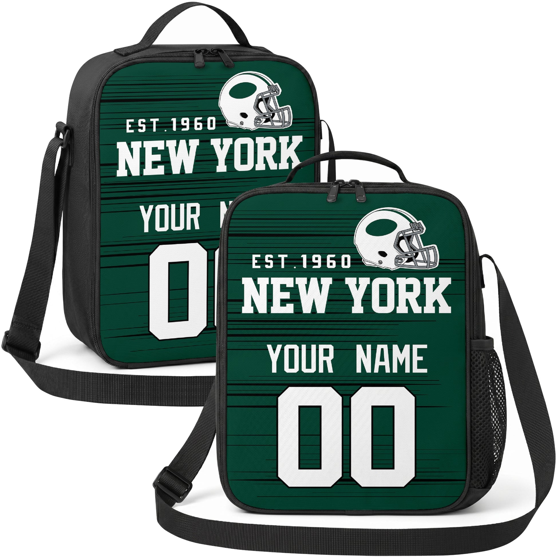 New York personalized football shoulder bag in green and white showing front and angled views with custom name and number