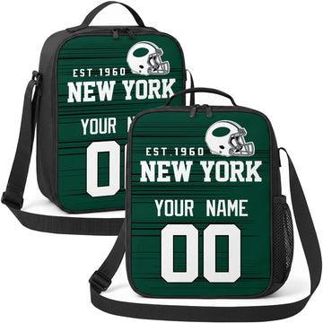 New York personalized football shoulder bag in green and white showing front and angled views with custom name and number