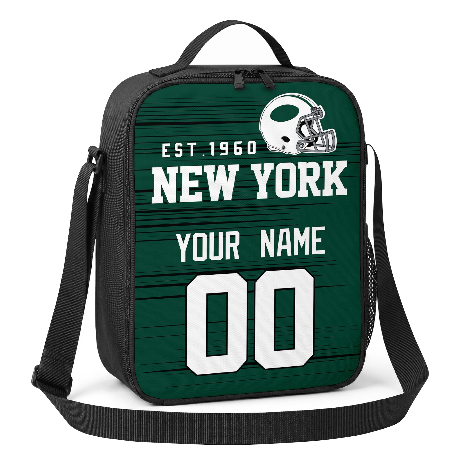 New York green and white personalized football shoulder bag angled view with top handle and shoulder strap