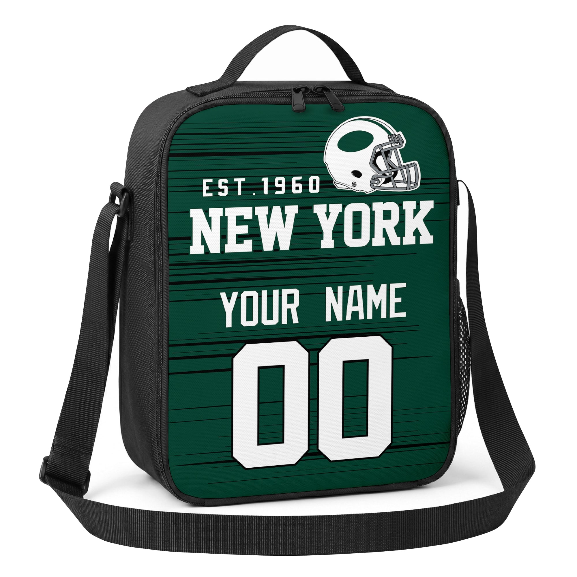 New York green and white personalized football shoulder bag angled view with top handle and shoulder strap