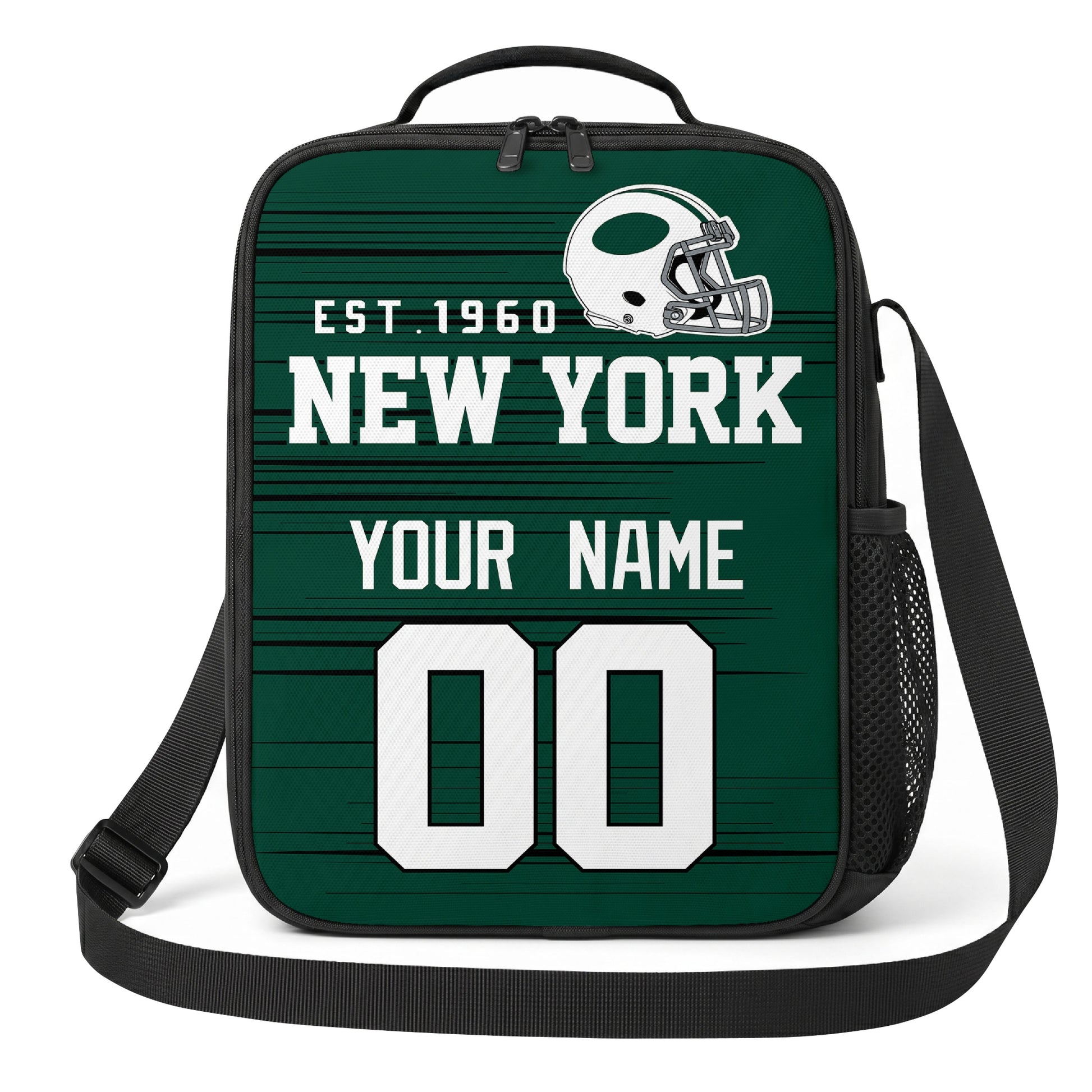 New York green and white personalized football shoulder bag alternate angled view with side mesh pocket and custom name number design