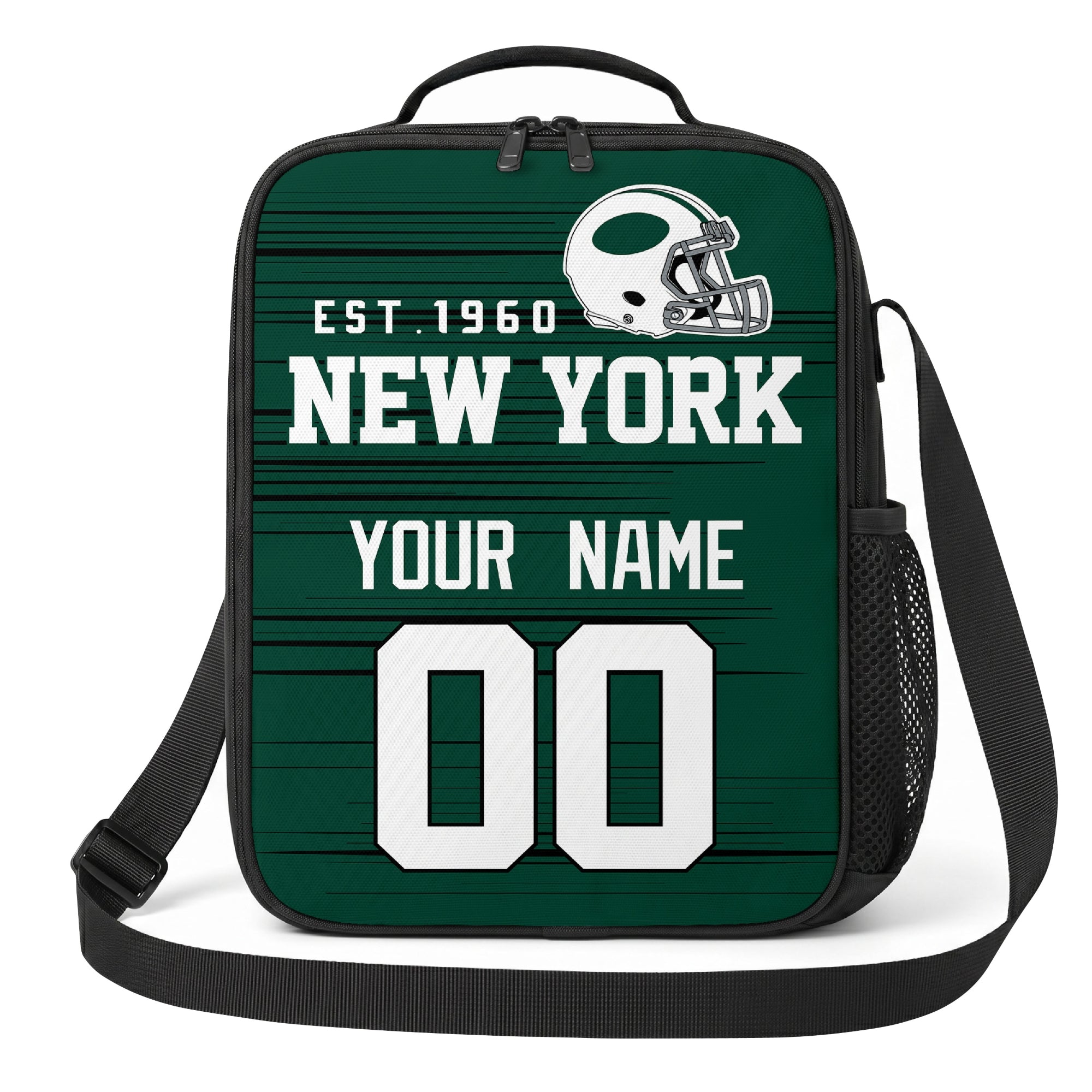 New York green and white personalized football shoulder bag alternate angled view with side mesh pocket and custom name number design