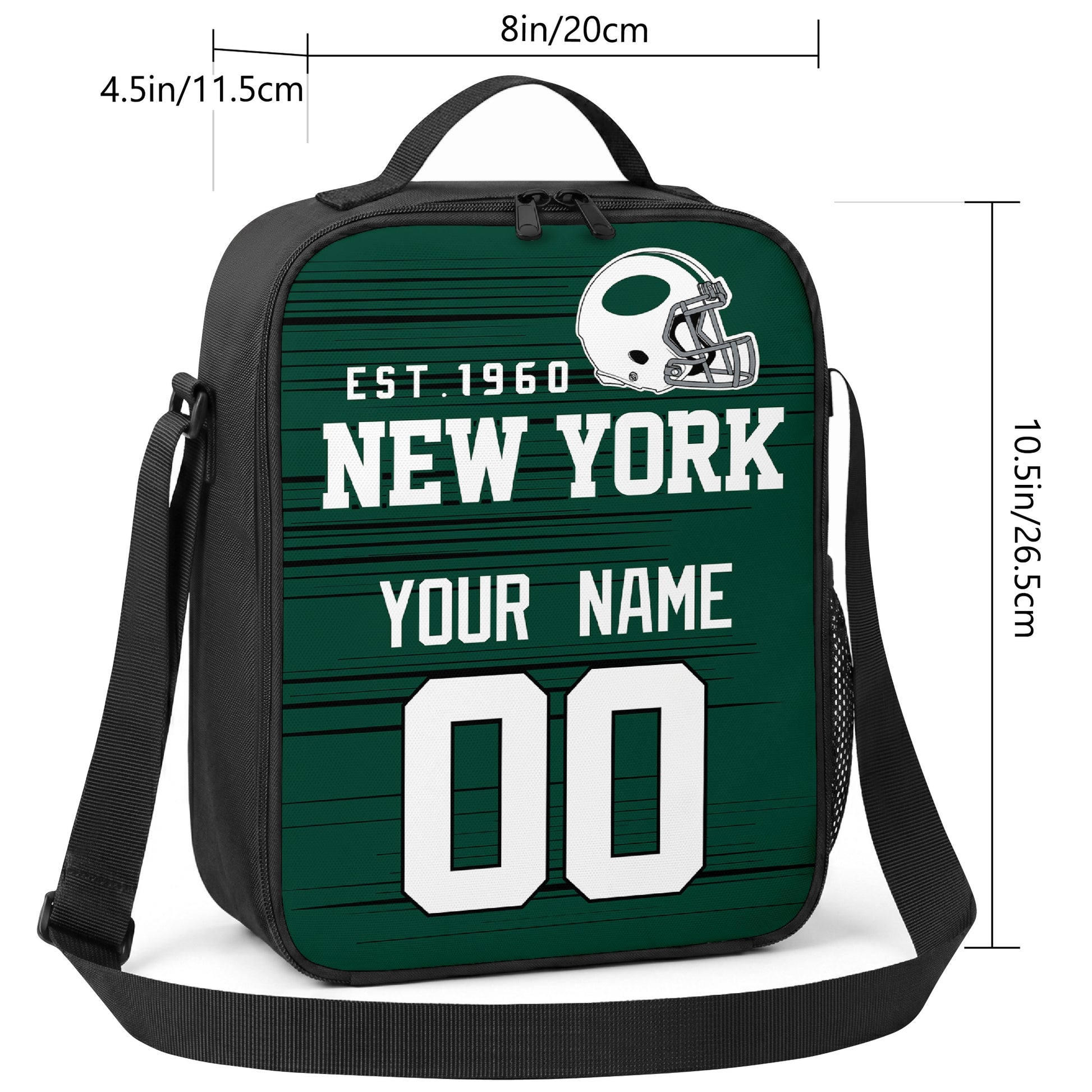 New York personalized football shoulder bag size guide showing 8 inch width 4.5 inch depth and 10.5 inch height