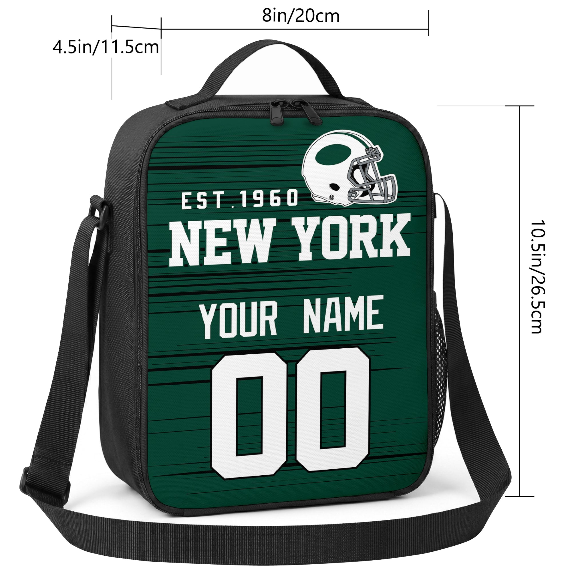 New York personalized football shoulder bag size guide showing 8 inch width 4.5 inch depth and 10.5 inch height
