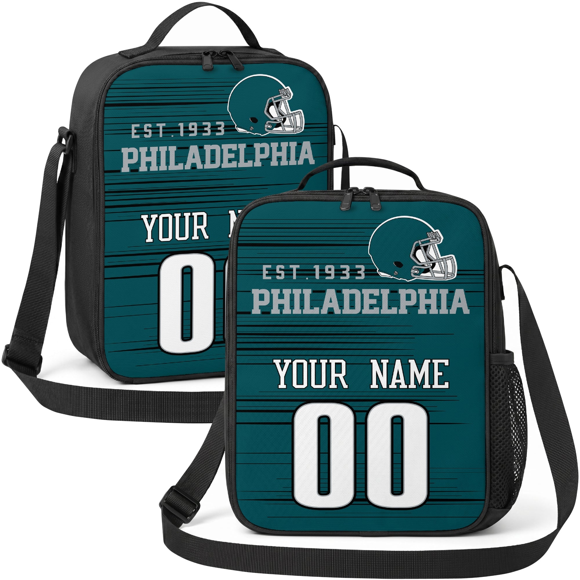 Philadelphia personalized football shoulder bag in teal black and white showing front and angled views with custom name and number