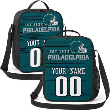 Philadelphia personalized football shoulder bag in teal black and white showing front and angled views with custom name and number