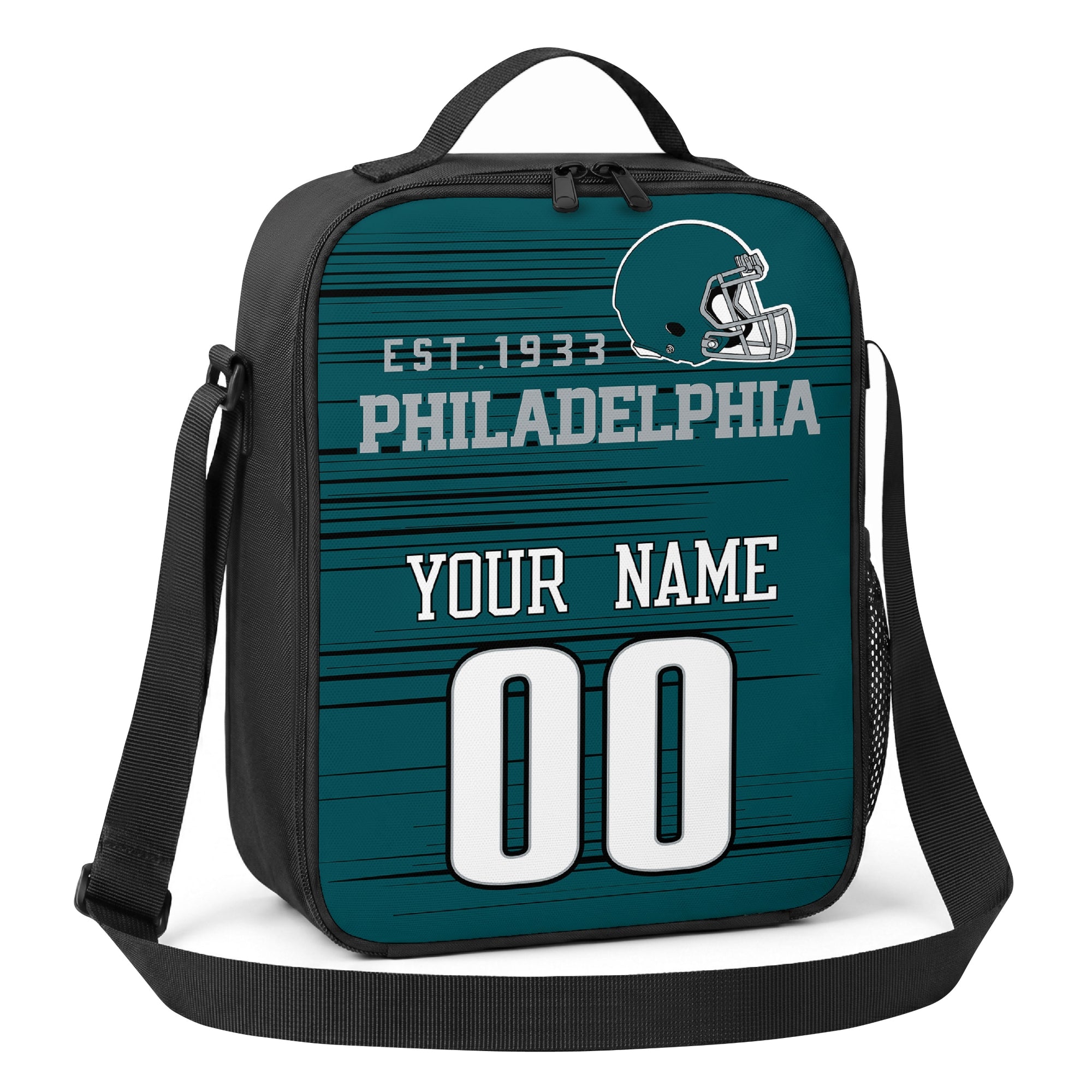 Philadelphia teal black and white personalized football shoulder bag angled view with top handle and shoulder strap
