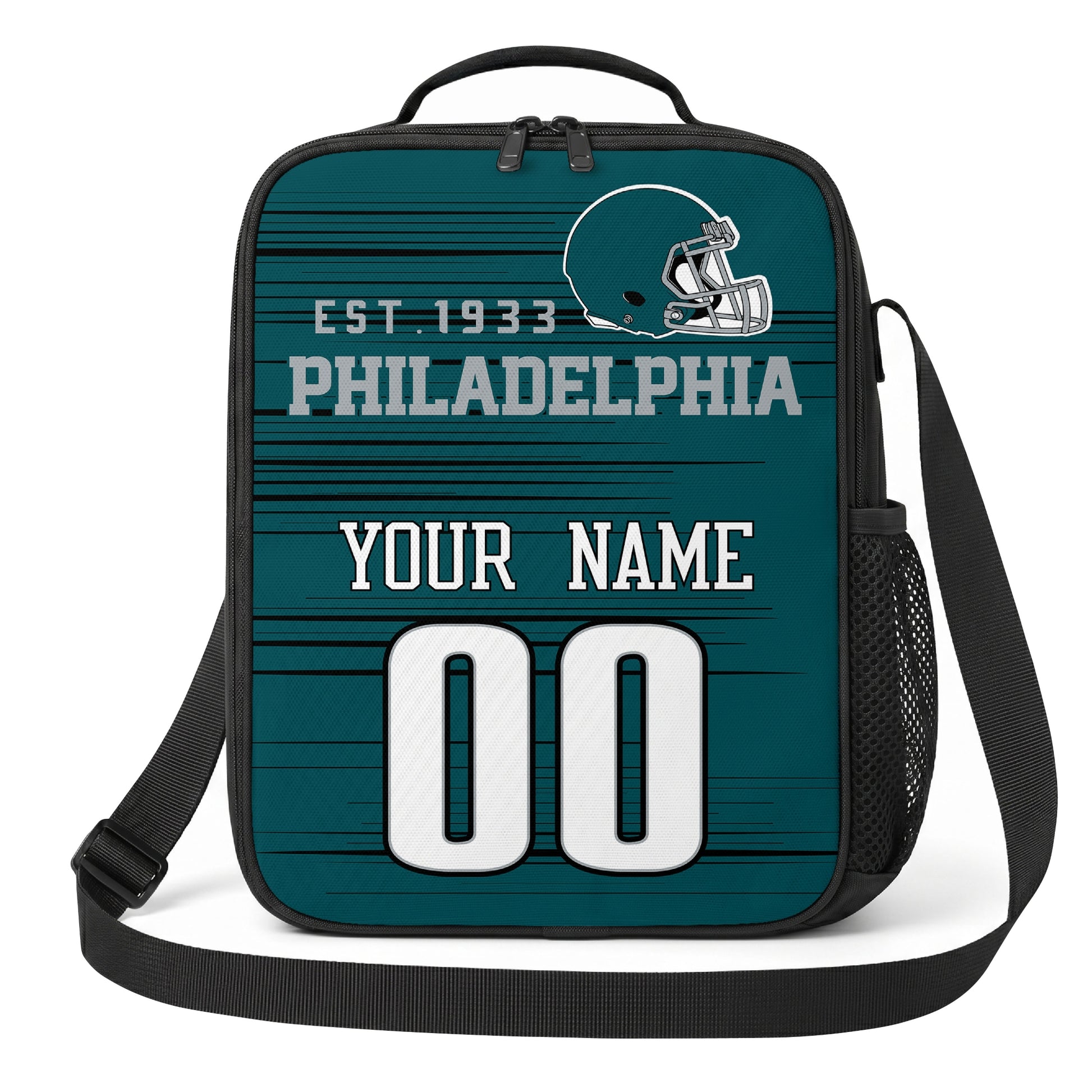 Philadelphia teal black and white personalized football shoulder bag alternate angled view with side mesh pocket and custom name number design