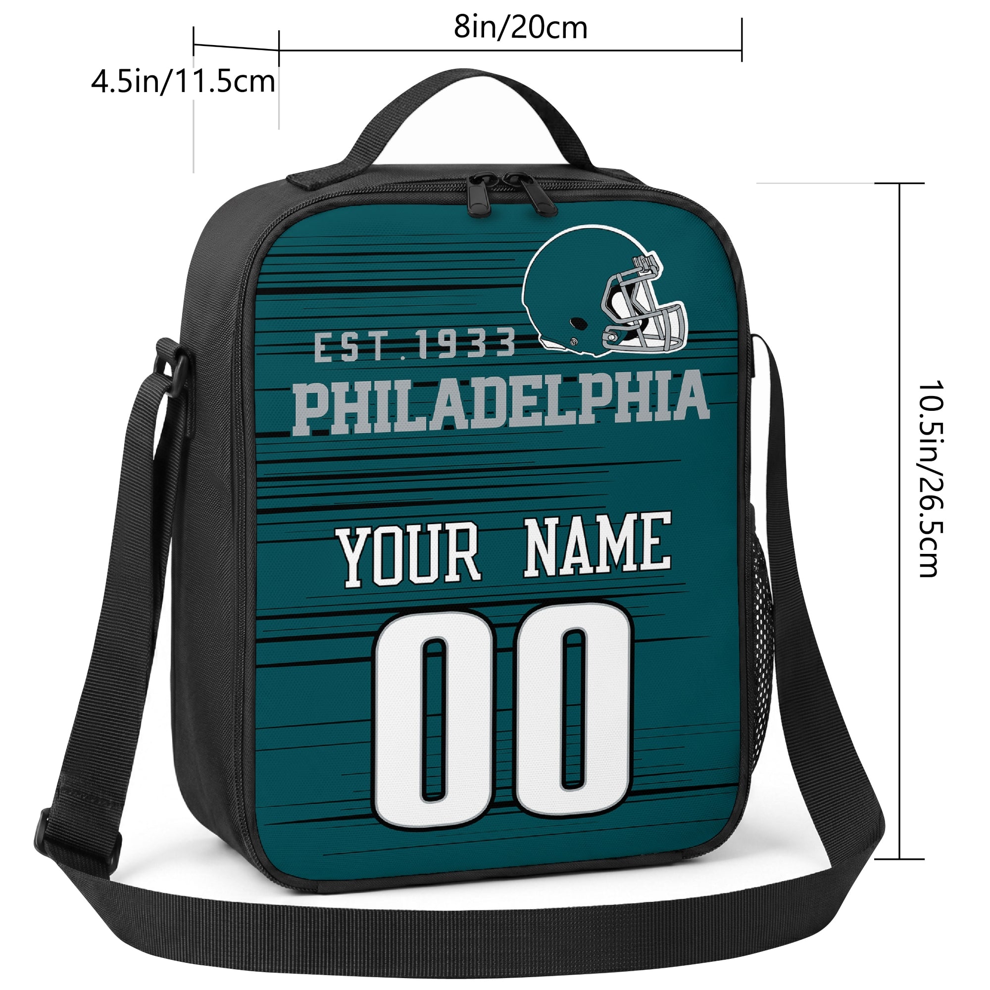 Philadelphia personalized football shoulder bag size guide showing 8 inch width 4.5 inch depth and 10.5 inch height