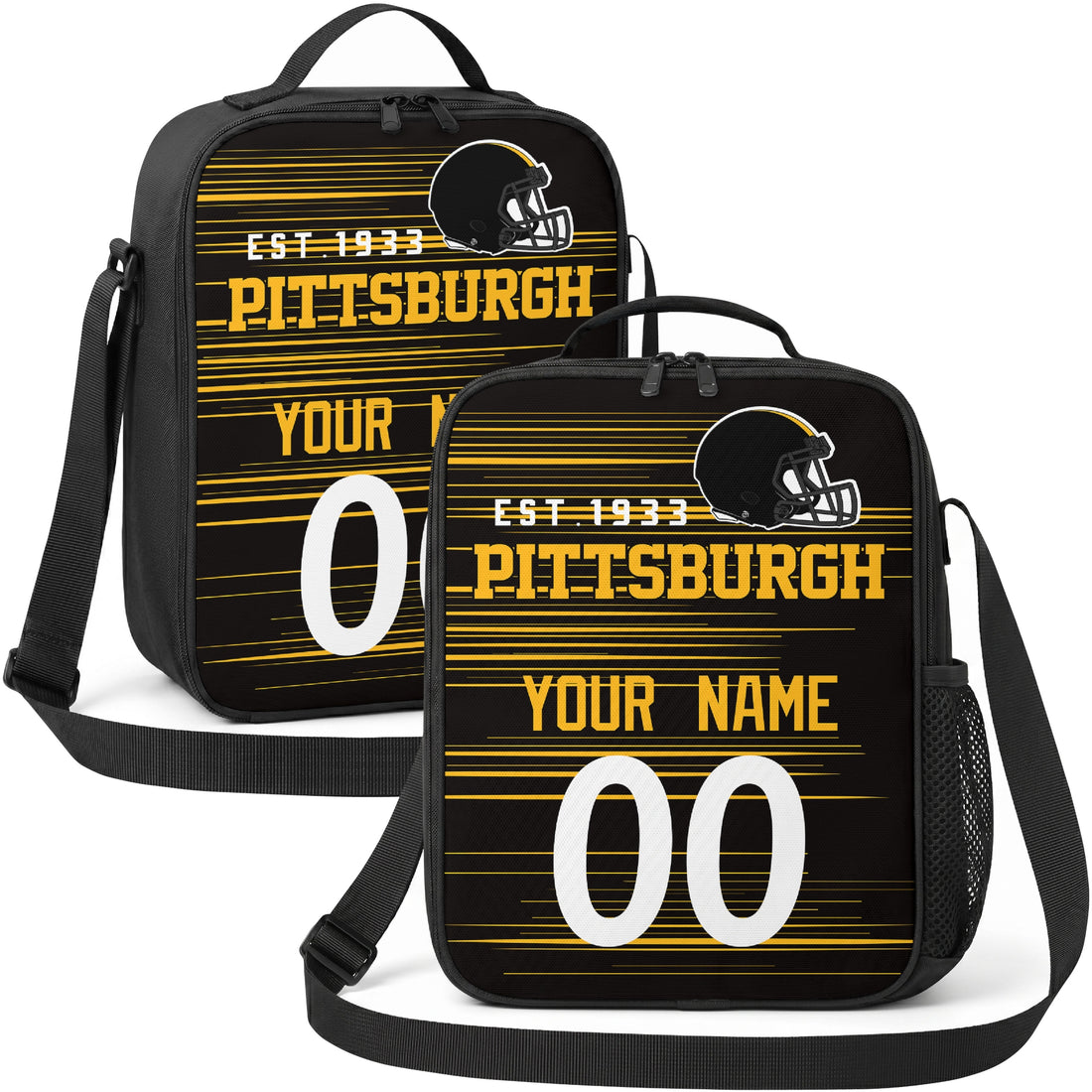 Pittsburgh personalized football shoulder bag in black gold and white showing front and angled views with custom name and number