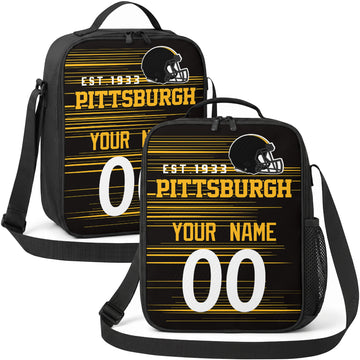 Pittsburgh personalized football shoulder bag in black gold and white showing front and angled views with custom name and number