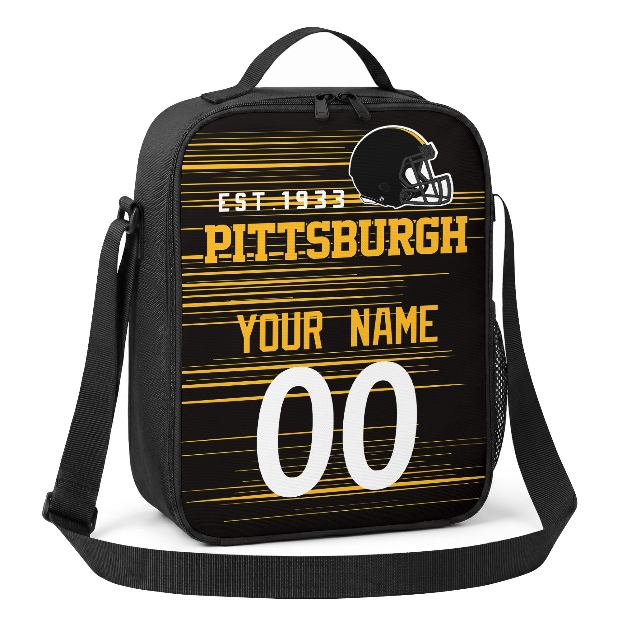Pittsburgh black gold and white personalized football shoulder bag angled view with top handle and shoulder strap