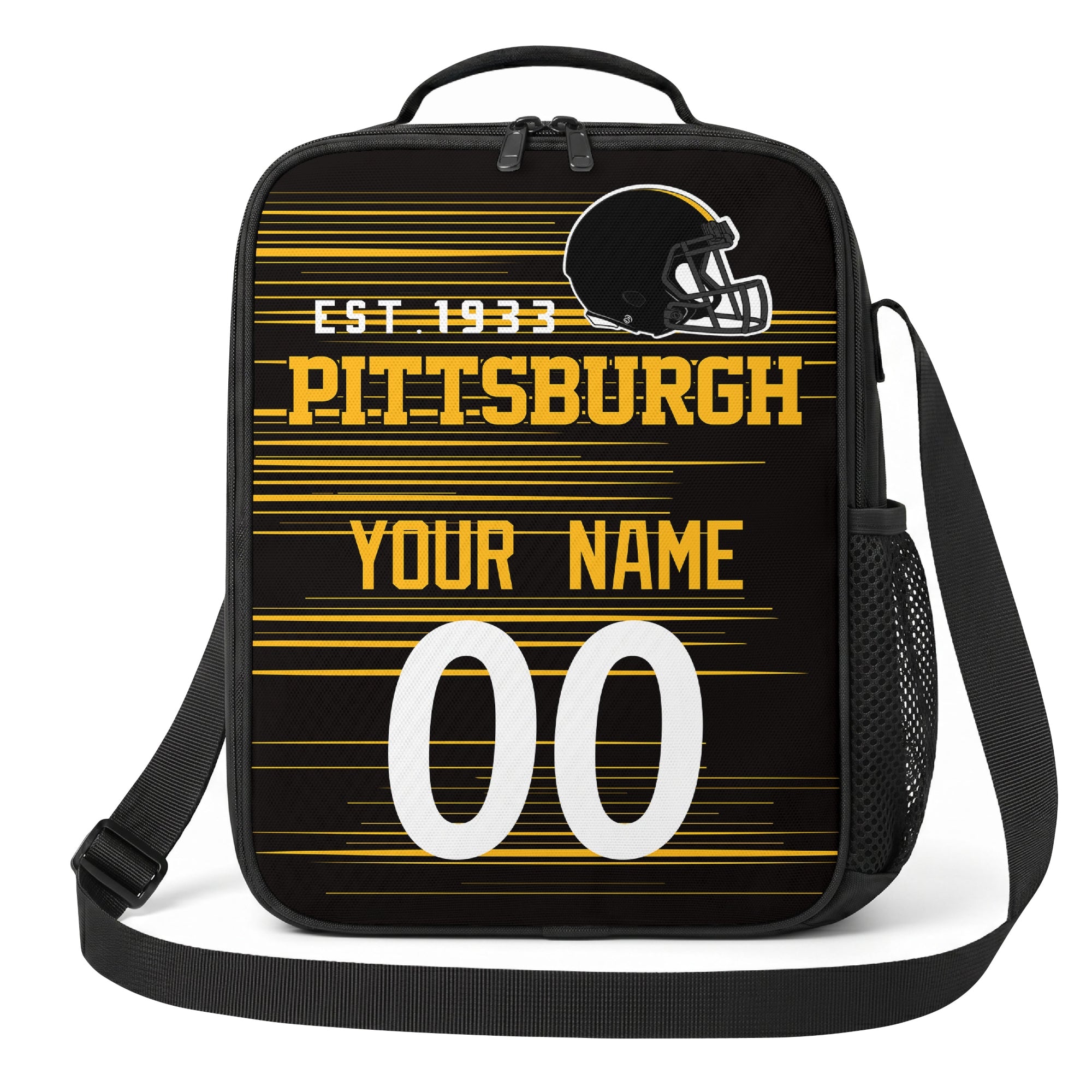 Pittsburgh black gold and white personalized football shoulder bag alternate angled view with side mesh pocket and custom name number design