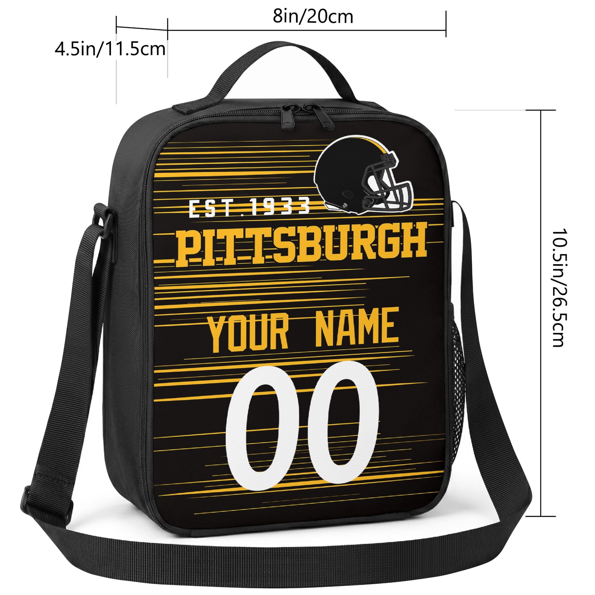 Pittsburgh personalized football shoulder bag size guide showing 8 inch width 4.5 inch depth and 10.5 inch height