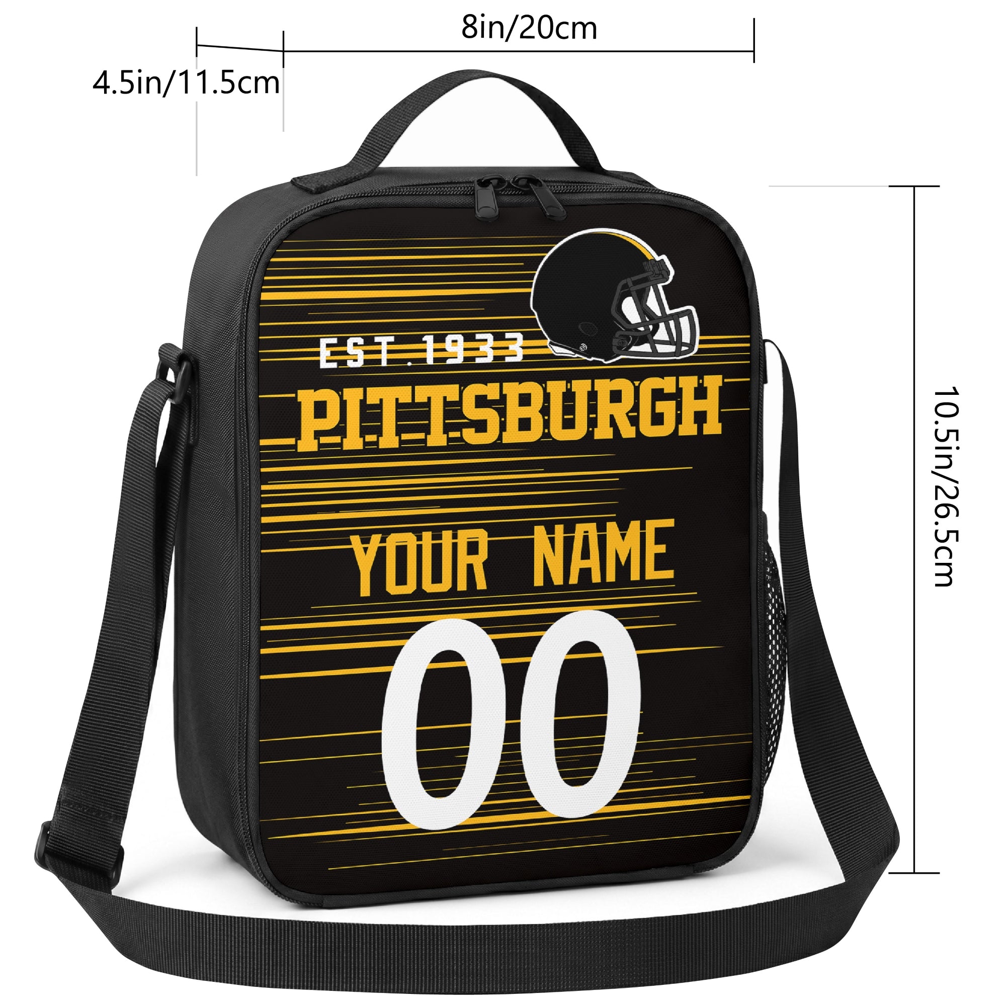 Pittsburgh personalized football shoulder bag size guide showing 8 inch width 4.5 inch depth and 10.5 inch height