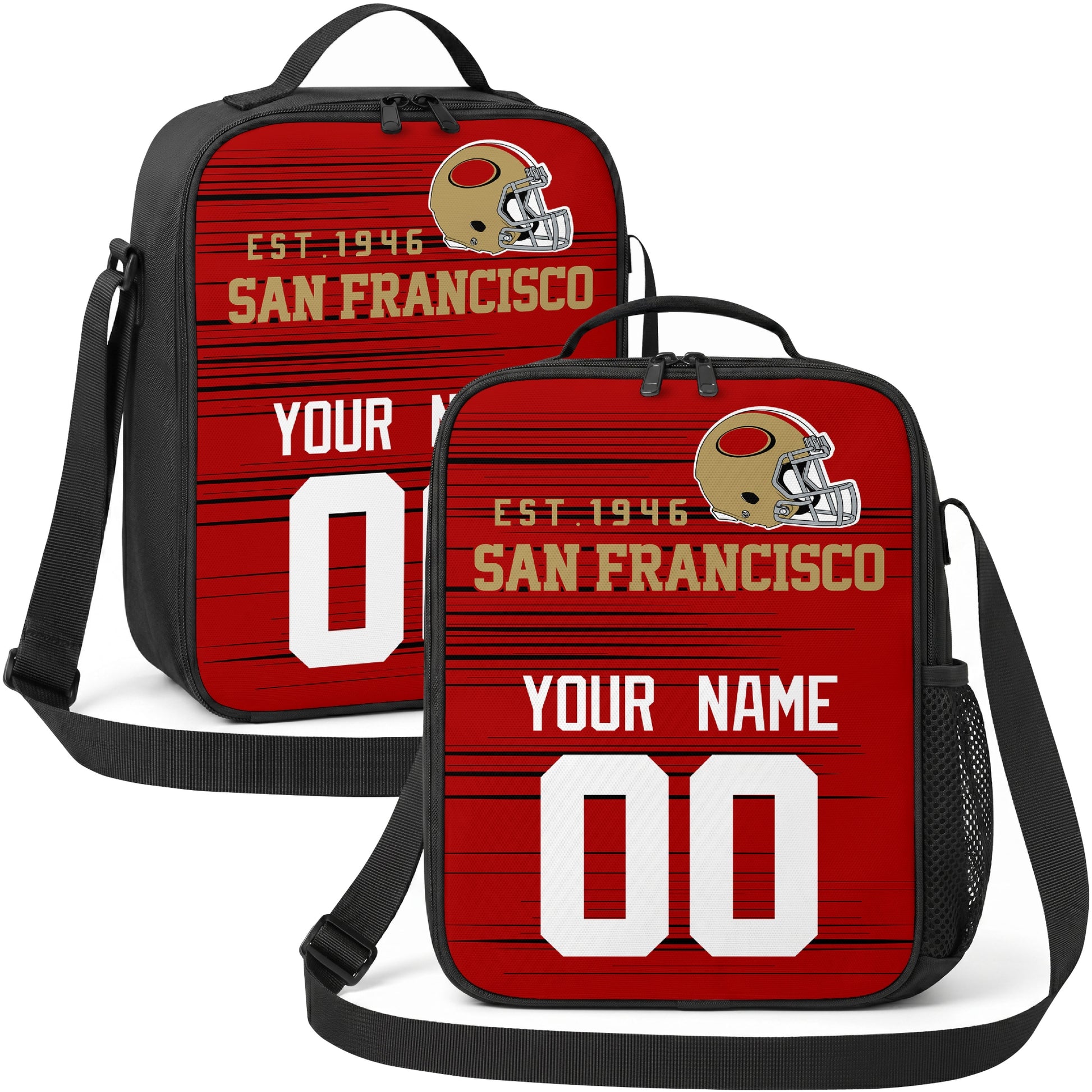San Francisco personalized football shoulder bag in red gold and white showing front and angled views with custom name and number