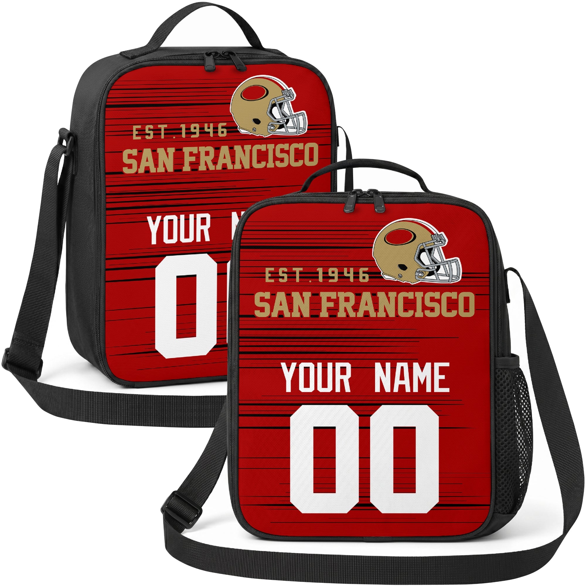 San Francisco personalized football shoulder bag in red gold and white showing front and angled views with custom name and number