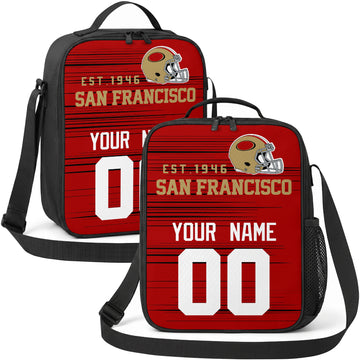 San Francisco personalized football shoulder bag in red gold and white showing front and angled views with custom name and number