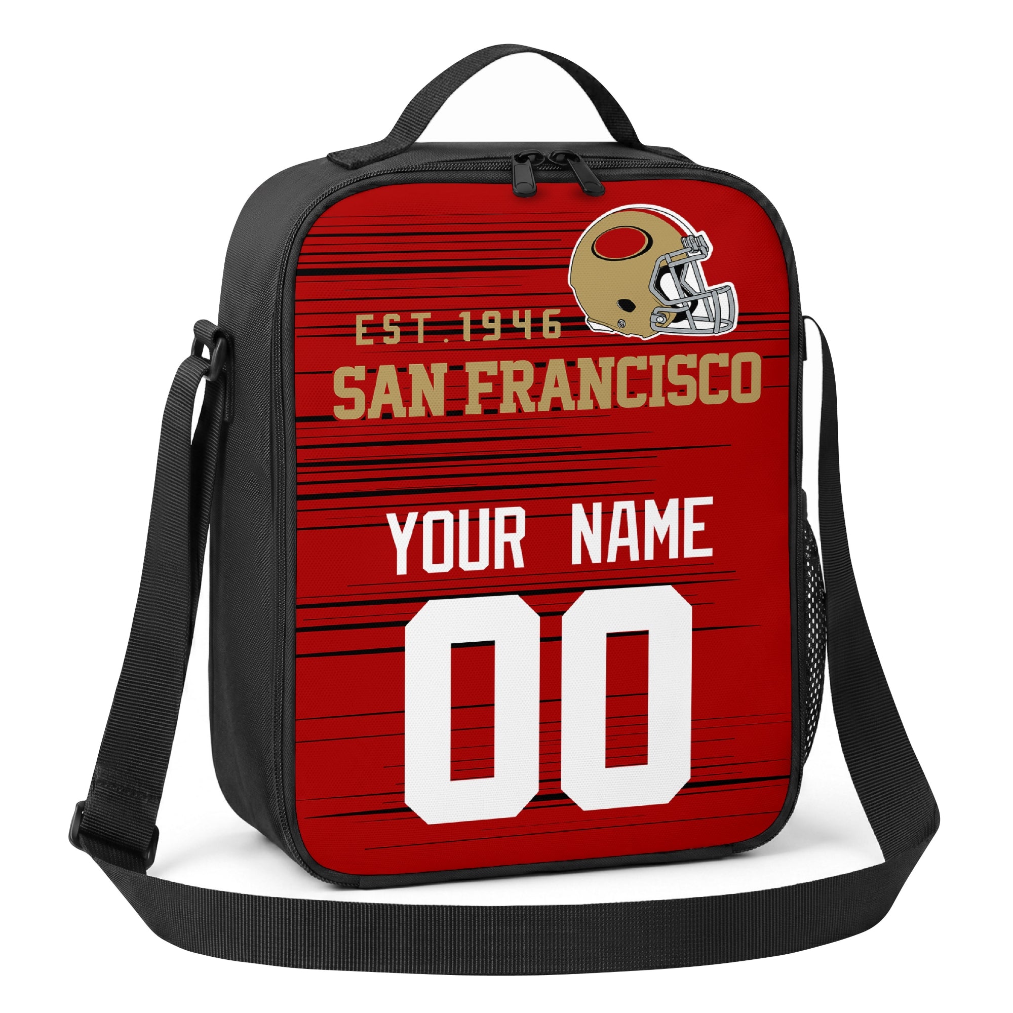 San Francisco red gold and white personalized football shoulder bag angled view with top handle and shoulder strap