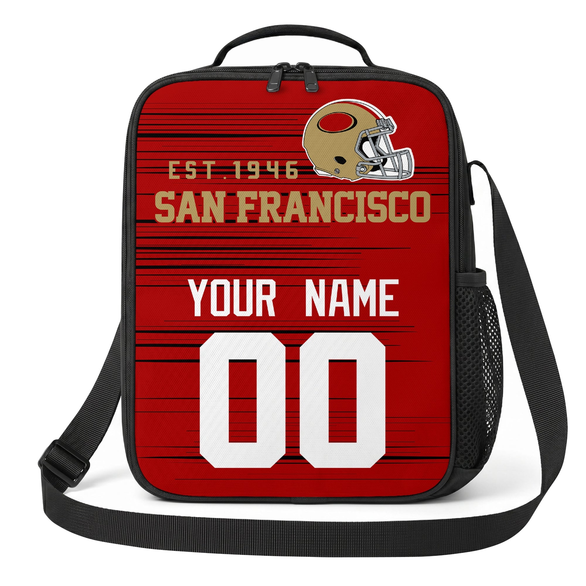San Francisco red gold and white personalized football shoulder bag alternate angled view with side mesh pocket and custom name number design