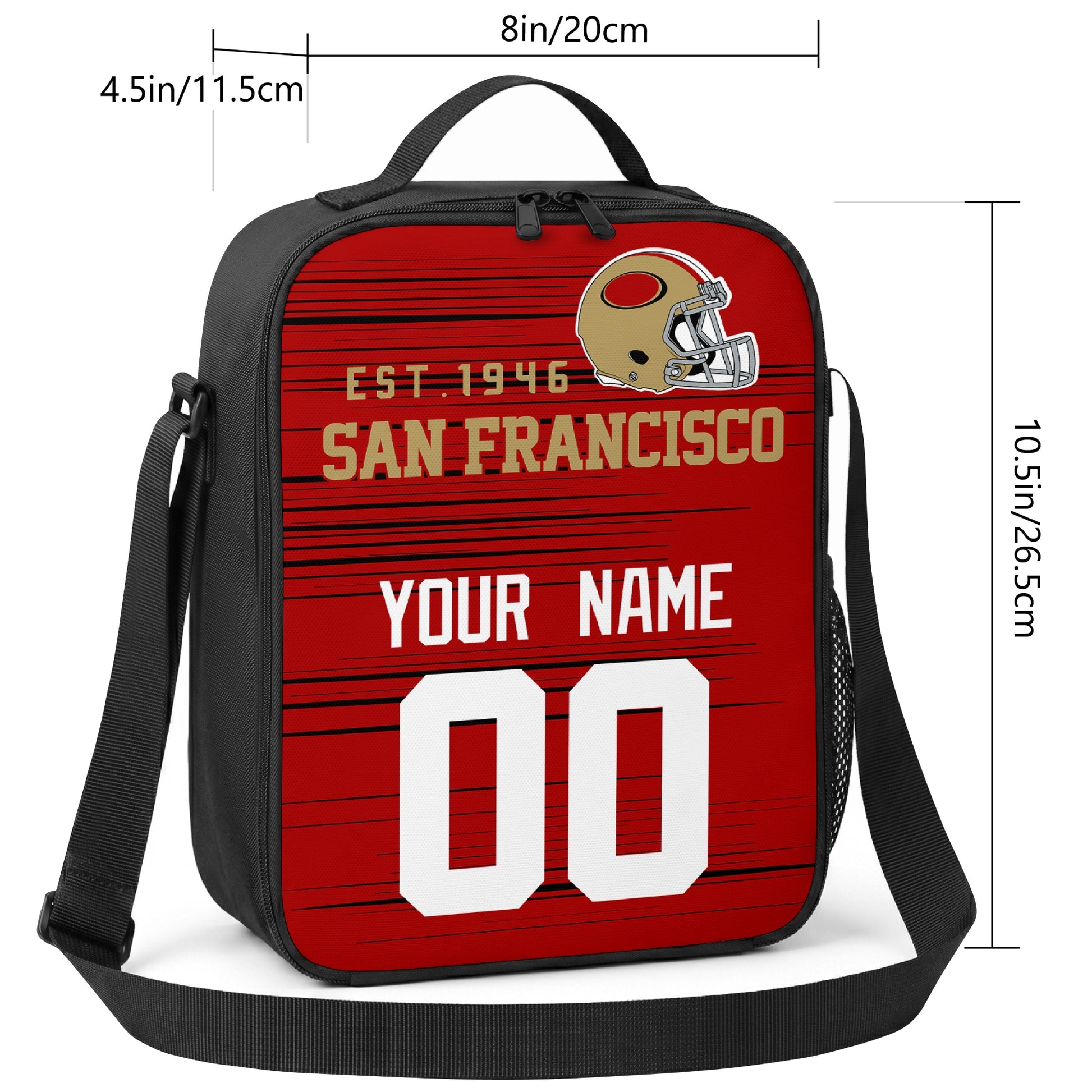 San Francisco personalized football shoulder bag size guide showing 8 inch width 4.5 inch depth and 10.5 inch height