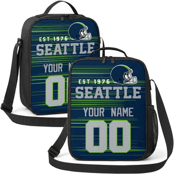 Seattle personalized football shoulder bag in navy green and gray showing front and angled views with custom name and number