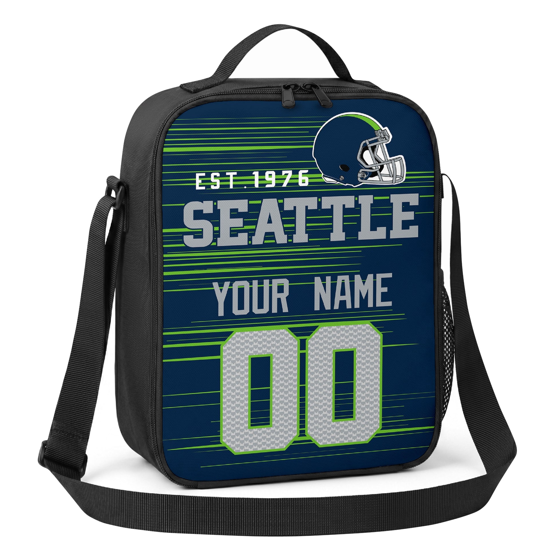 Seattle navy green and gray personalized football shoulder bag angled view with top handle and shoulder strap