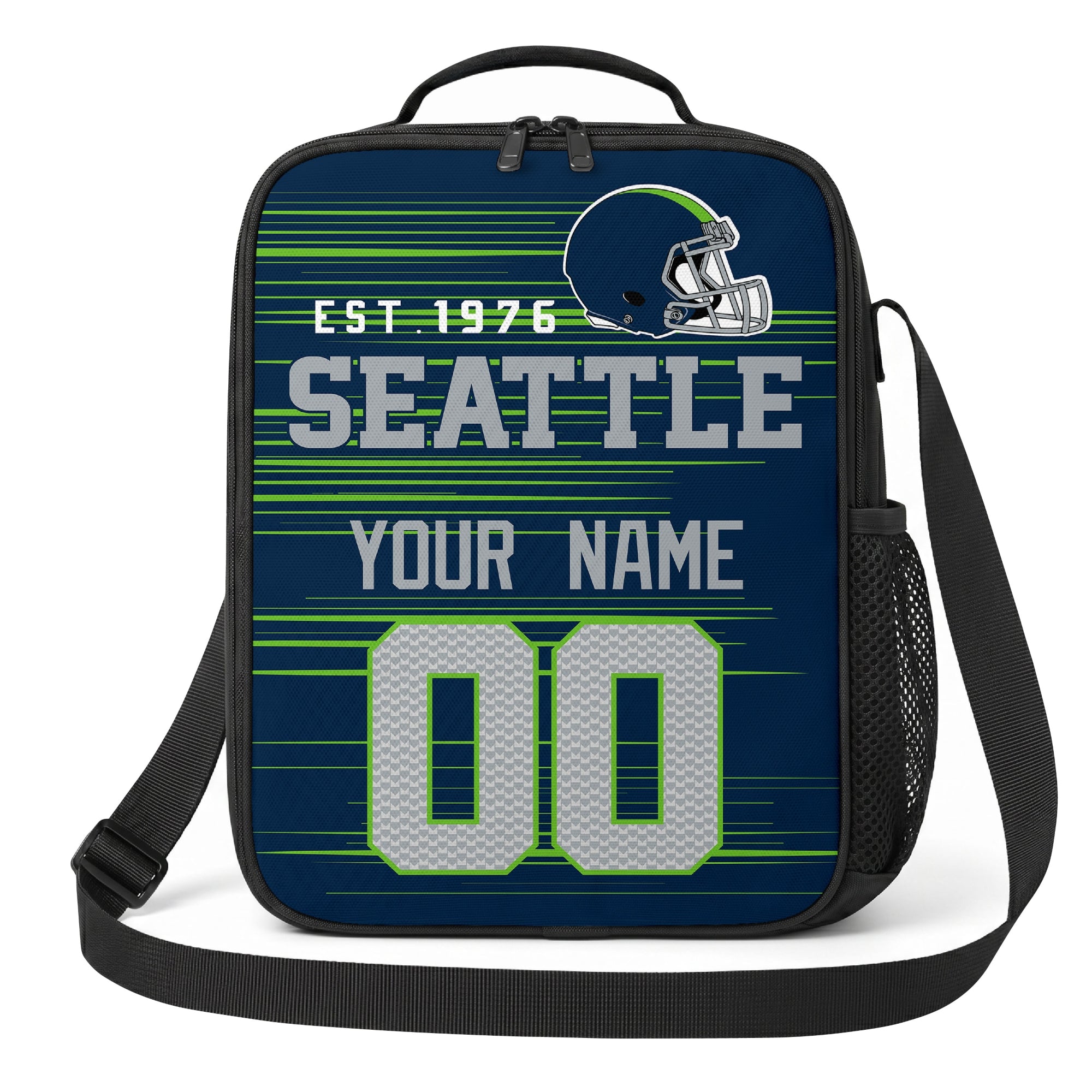 Seattle navy green and gray personalized football shoulder bag alternate angled view with side mesh pocket and custom name number design
