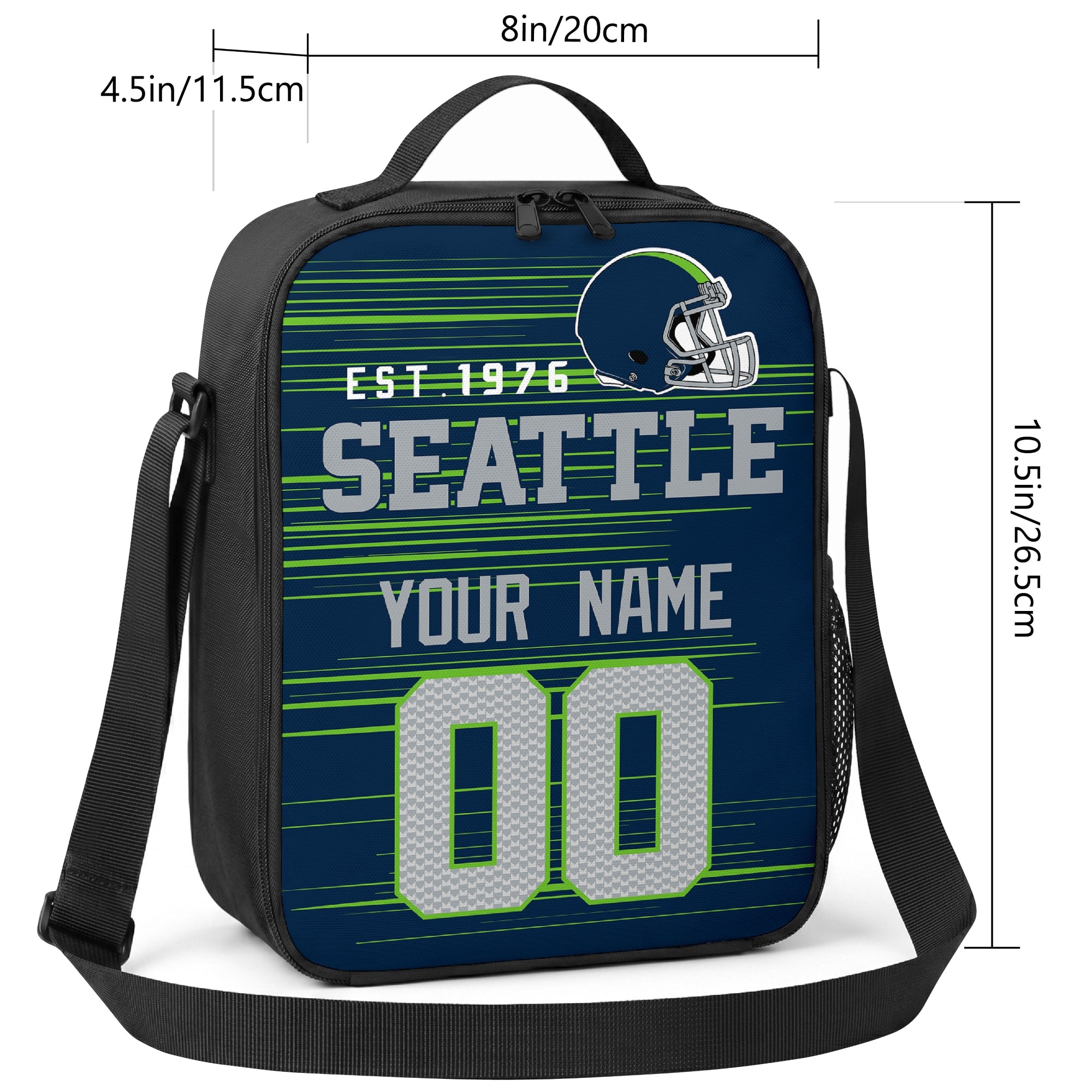 Seattle personalized football shoulder bag size guide showing 8 inch width 4.5 inch depth and 10.5 inch height