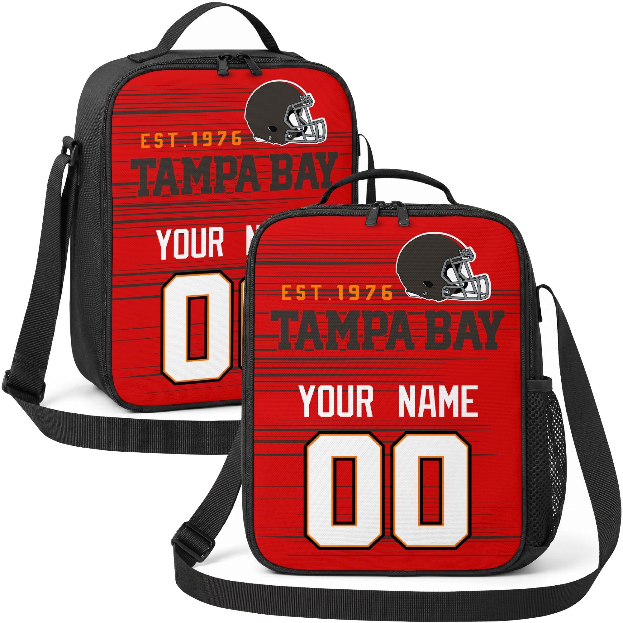 Tampa Bay personalized football shoulder bag in red black and pewter showing front and angled views with custom name and number