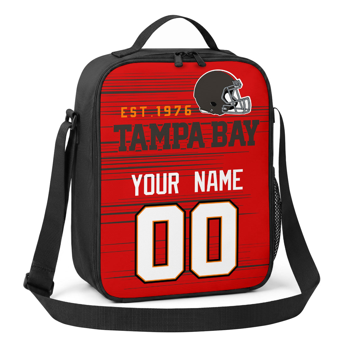 Tampa Bay personalized football shoulder bag in red black and pewter showing front and angled views with custom name and number