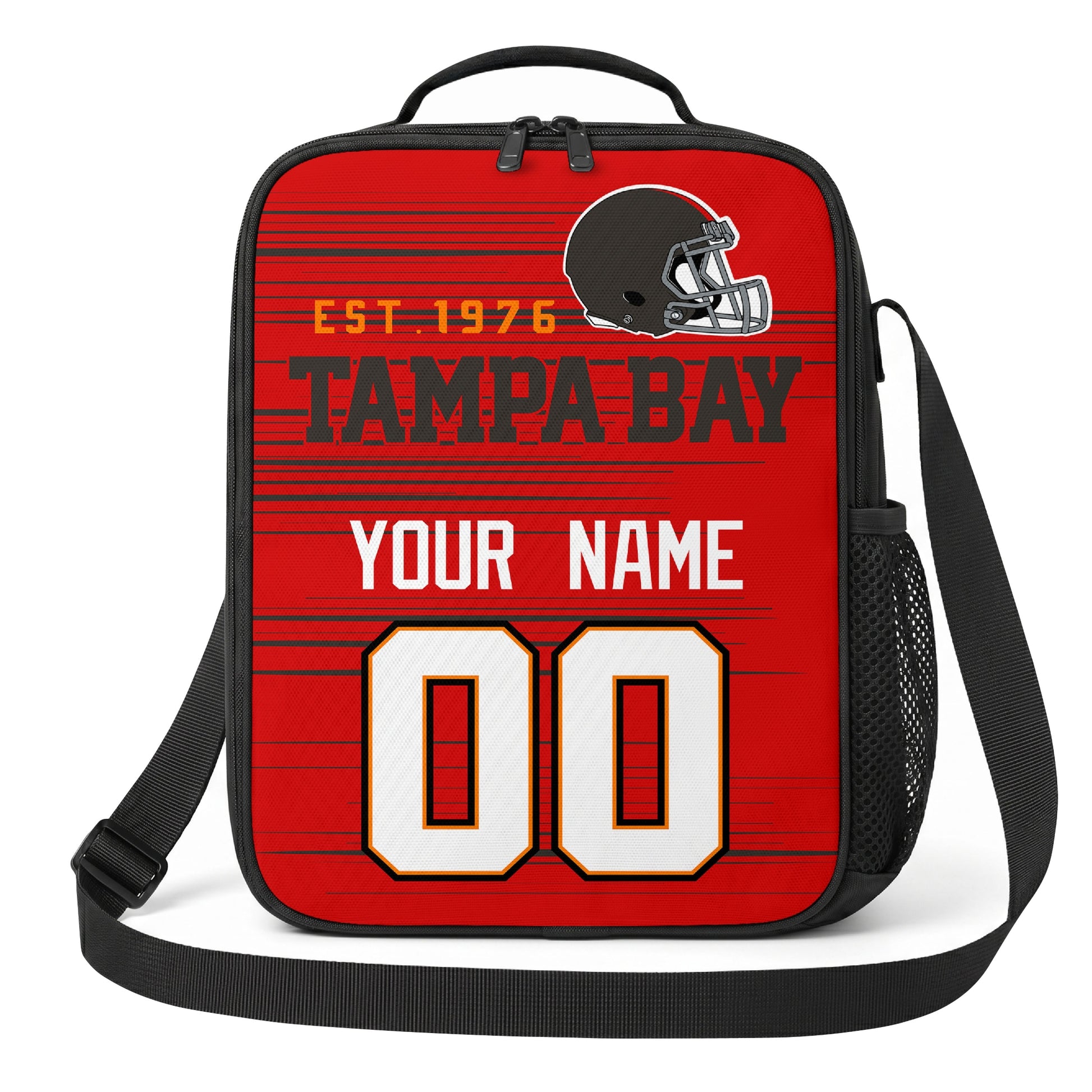 Tampa Bay red black and pewter personalized football shoulder bag alternate angled view with side mesh pocket and custom name number design