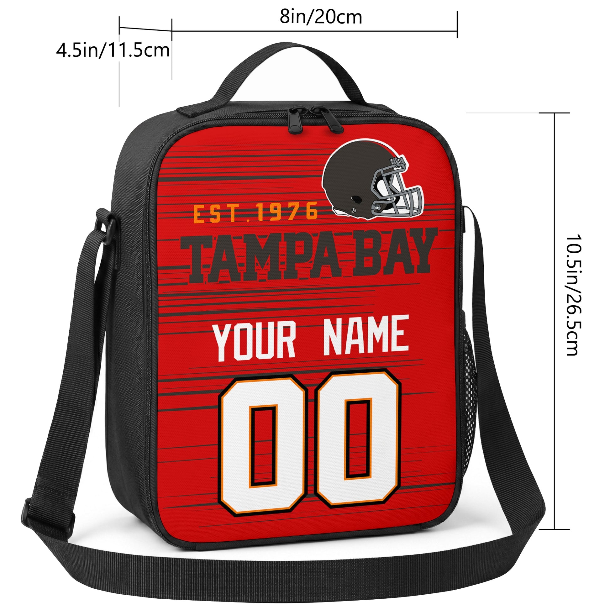 Tampa Bay personalized football shoulder bag size guide showing 8 inch width 4.5 inch depth and 10.5 inch height