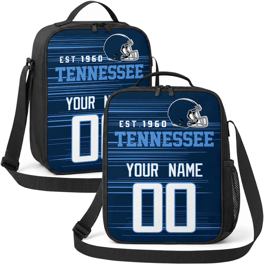Tennessee personalized football shoulder bag in navy light blue and white showing front and angled views with custom name and number