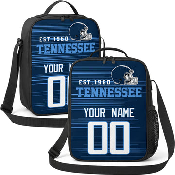 Tennessee personalized football shoulder bag in navy light blue and white showing front and angled views with custom name and number