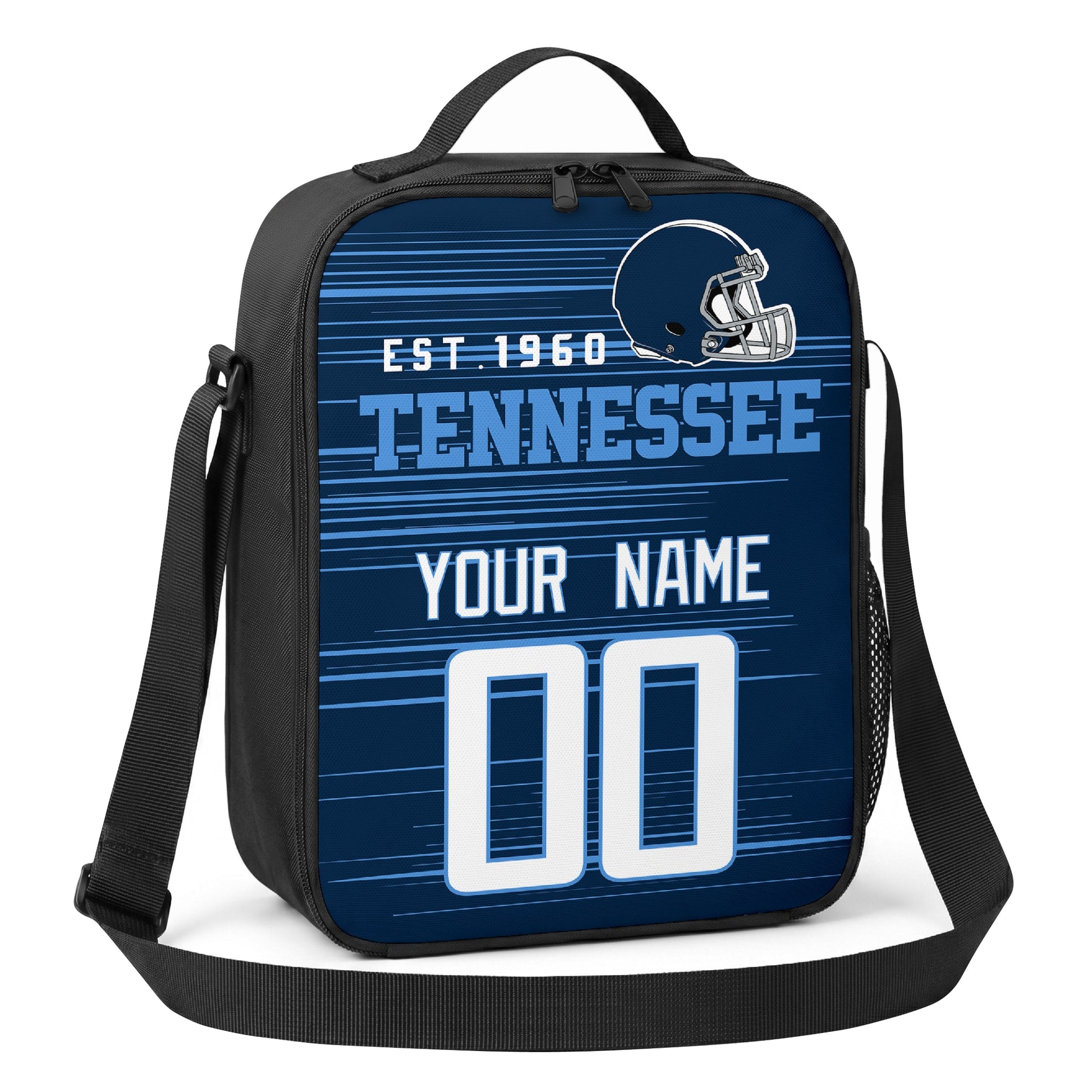 Tennessee navy light blue and white personalized football shoulder bag angled view with top handle and shoulder strap