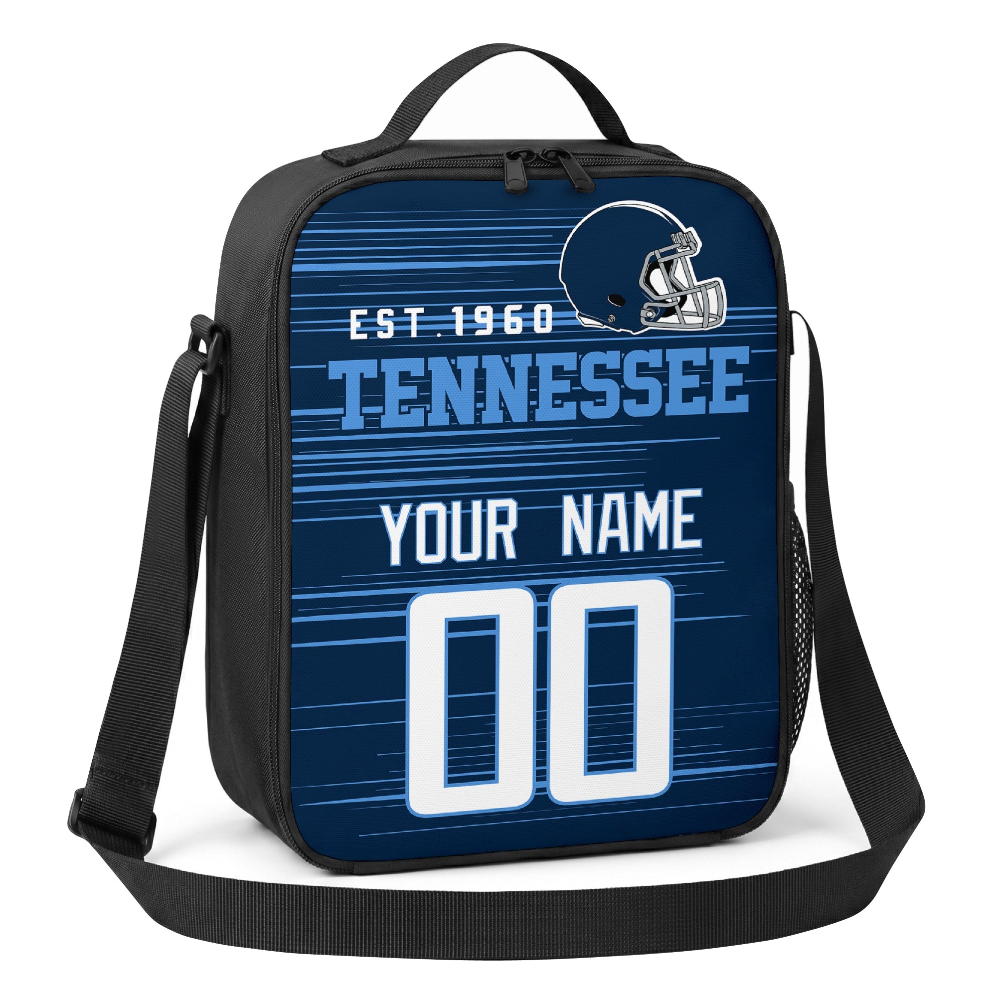 Tennessee navy light blue and white personalized football shoulder bag angled view with top handle and shoulder strap