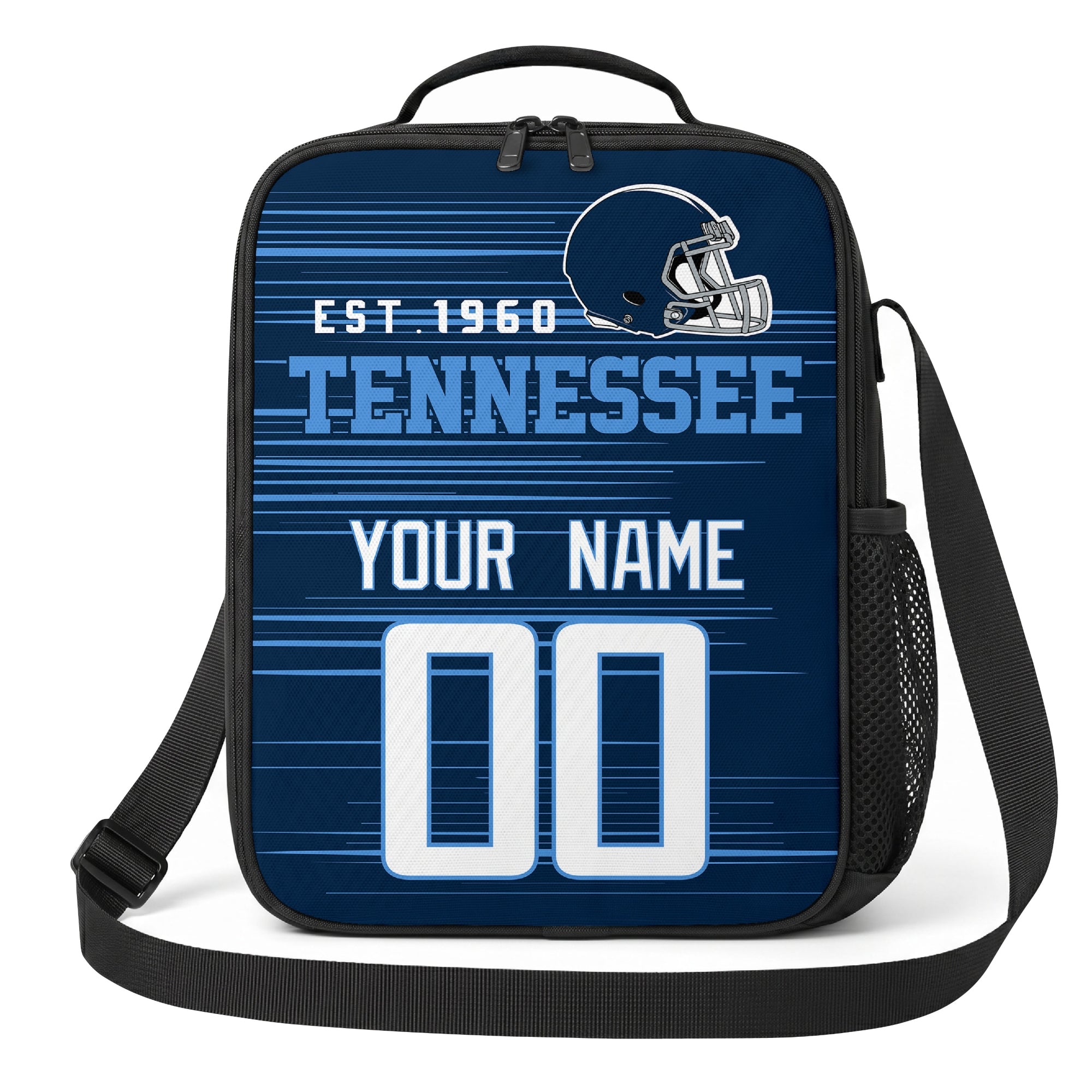 Tennessee navy light blue and white personalized football shoulder bag alternate angled view with side mesh pocket and custom name number design