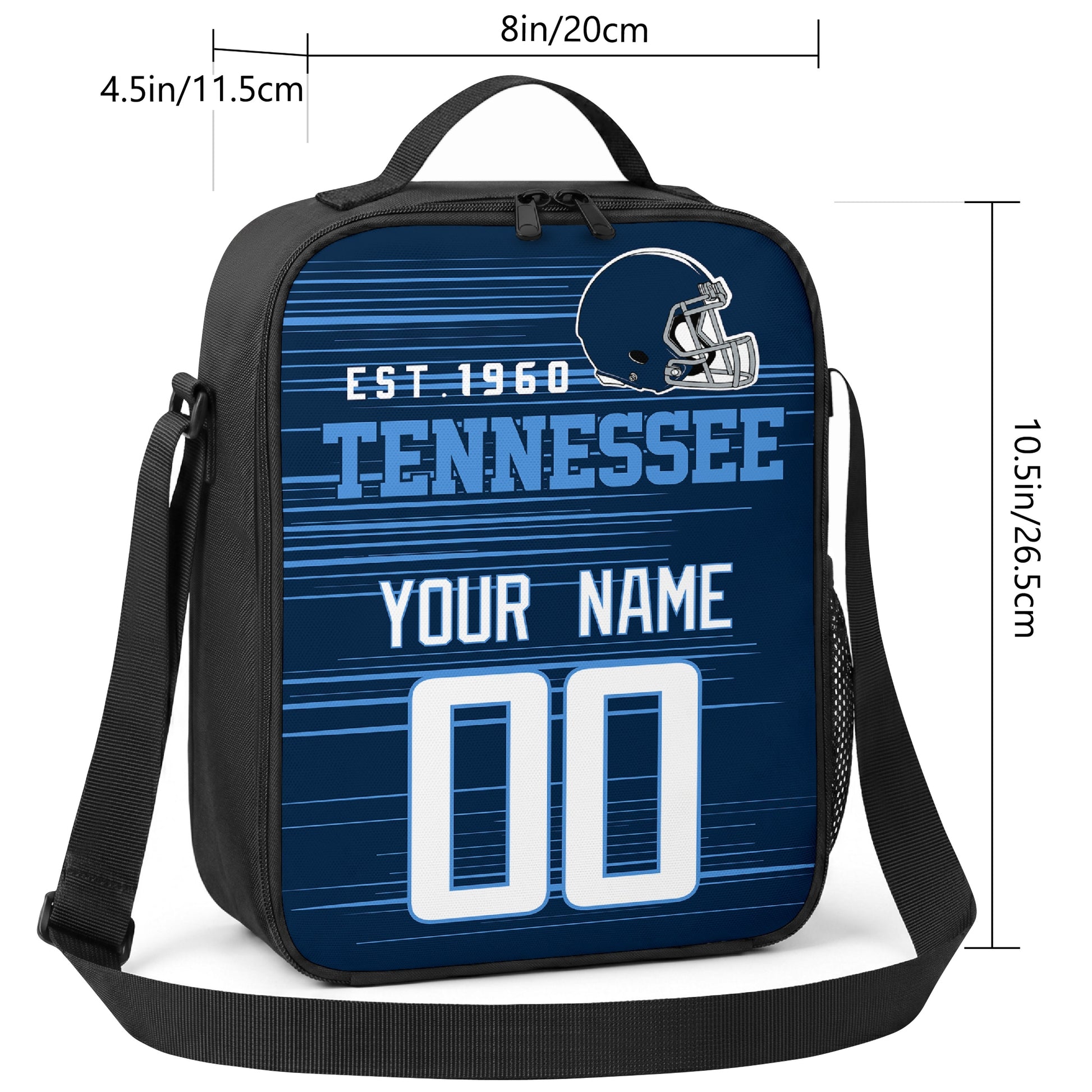 Tennessee personalized football shoulder bag size guide showing 8 inch width 4.5 inch depth and 10.5 inch height
