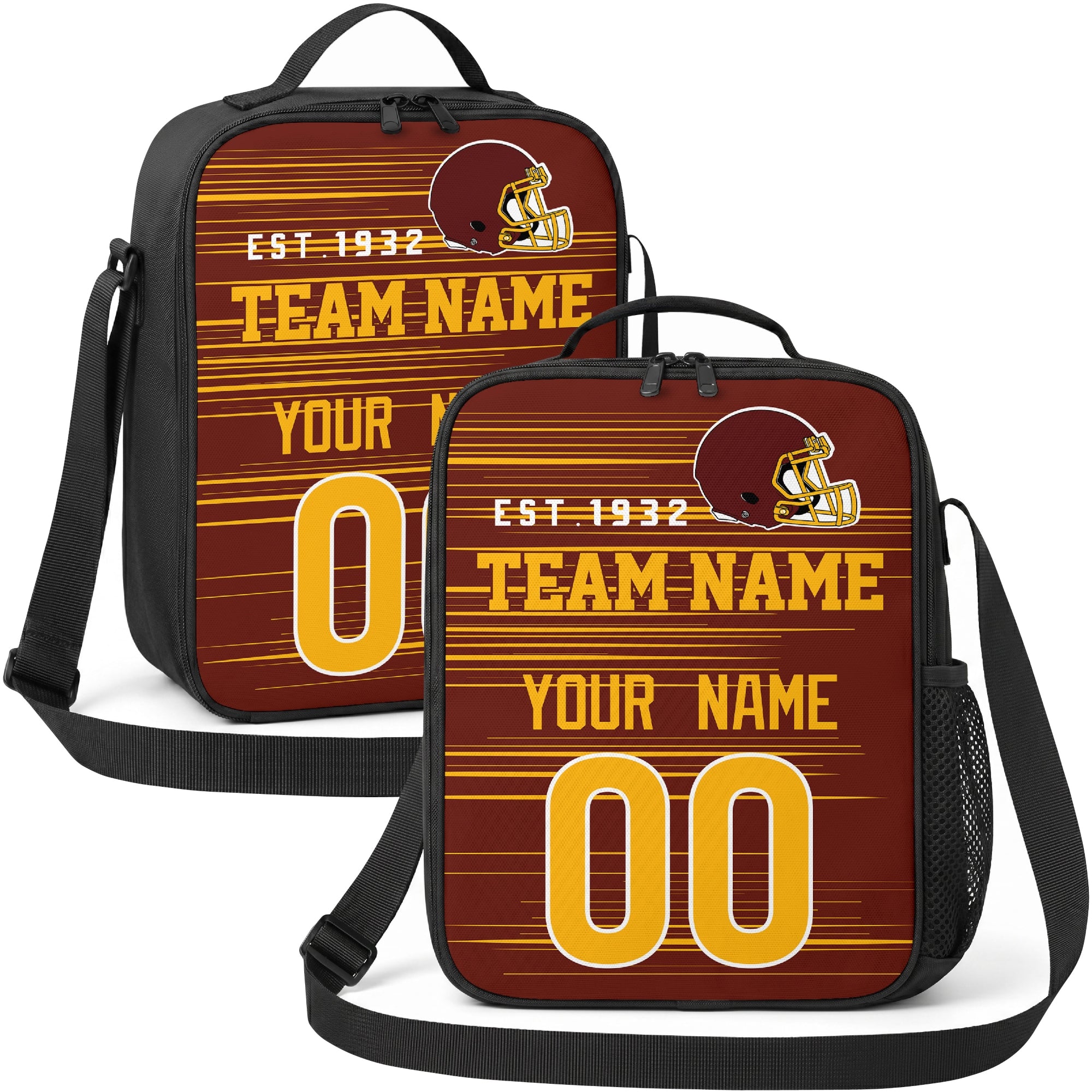 Washington personalized football shoulder bag in burgundy gold and white showing front and angled views with custom name and number
