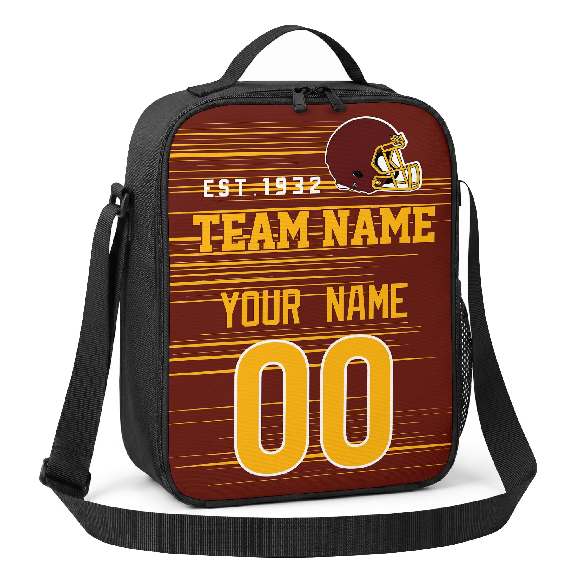 Washington burgundy gold and white personalized football shoulder bag angled view with top handle and shoulder strap