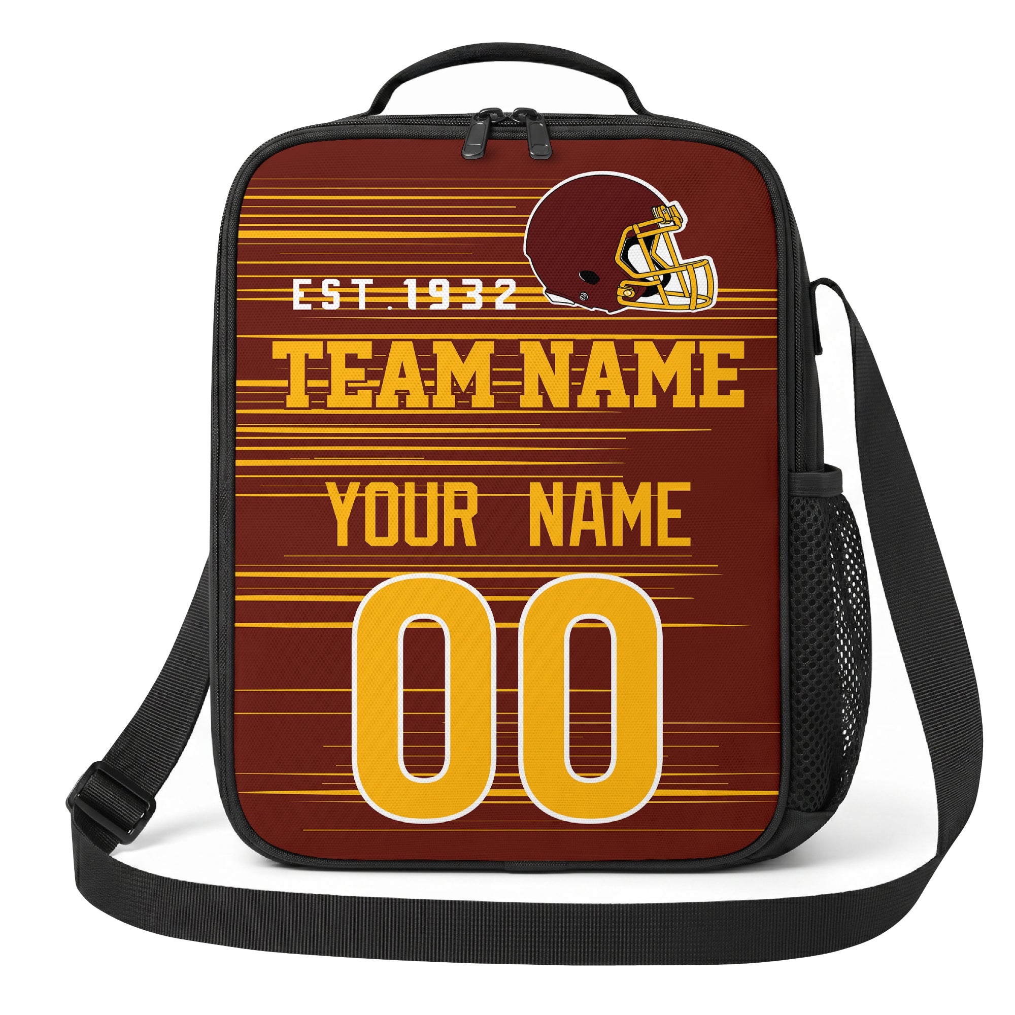 Washington burgundy gold and white personalized football shoulder bag alternate angled view with side mesh pocket and custom name number design