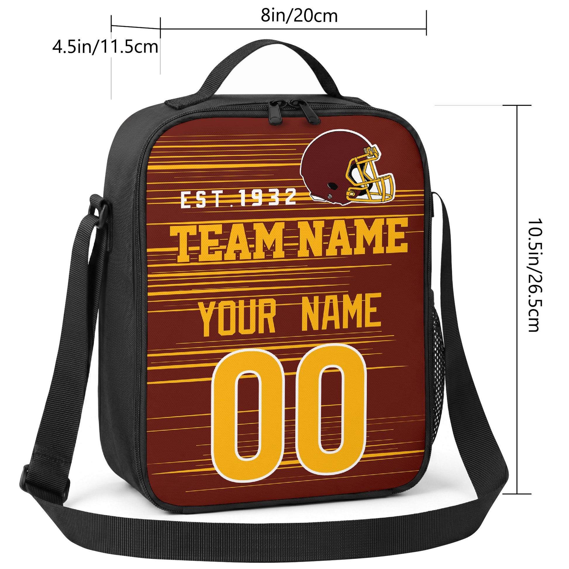 Washington personalized football shoulder bag size guide showing 8 inch width 4.5 inch depth and 10.5 inch height