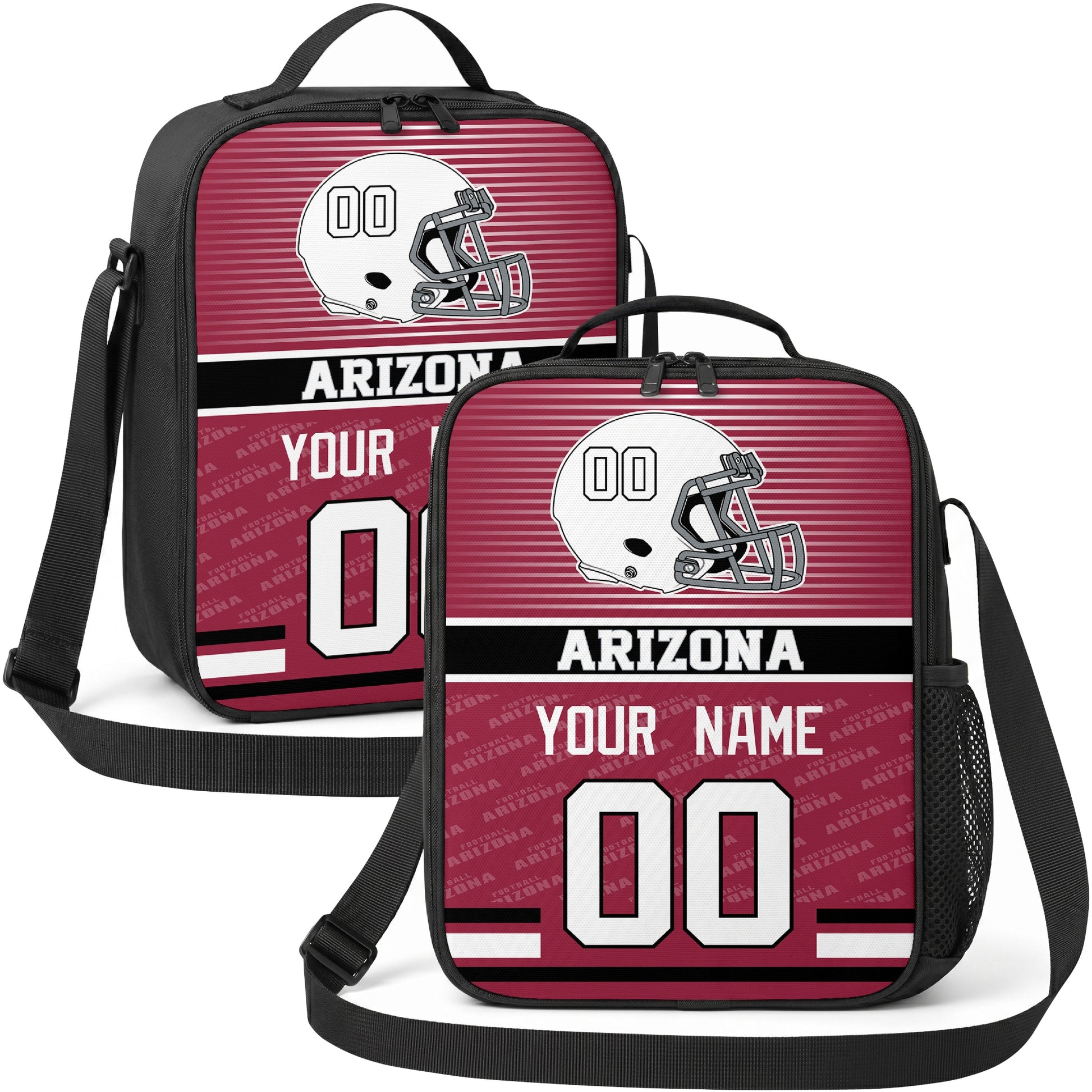 Arizona personalized striped helmet football shoulder bag in red black and white showing front and angled views with custom name and number