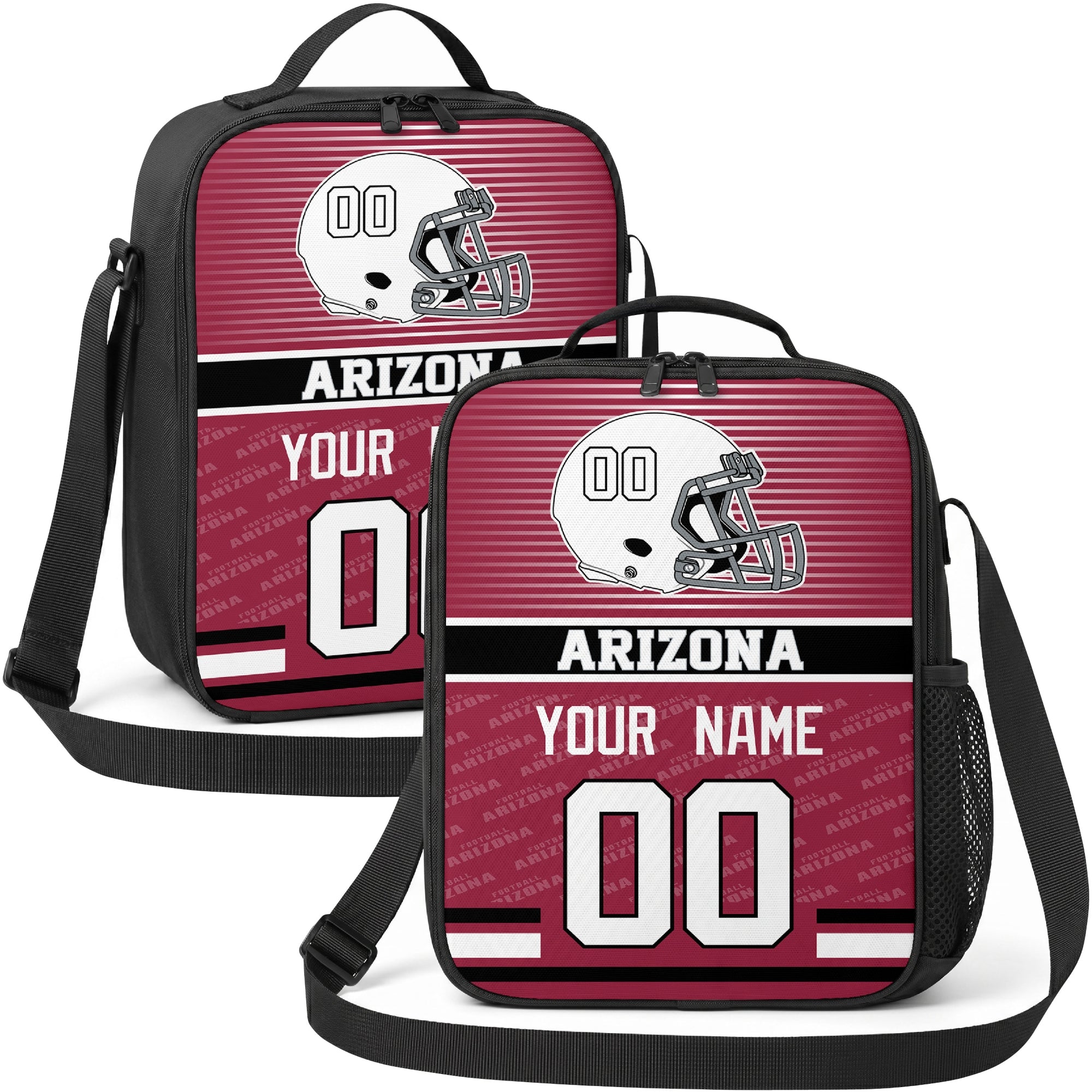 Arizona personalized striped helmet football shoulder bag in red black and white showing front and angled views with custom name and number