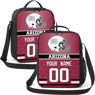 Arizona personalized striped helmet football shoulder bag in red black and white showing front and angled views with custom name and number