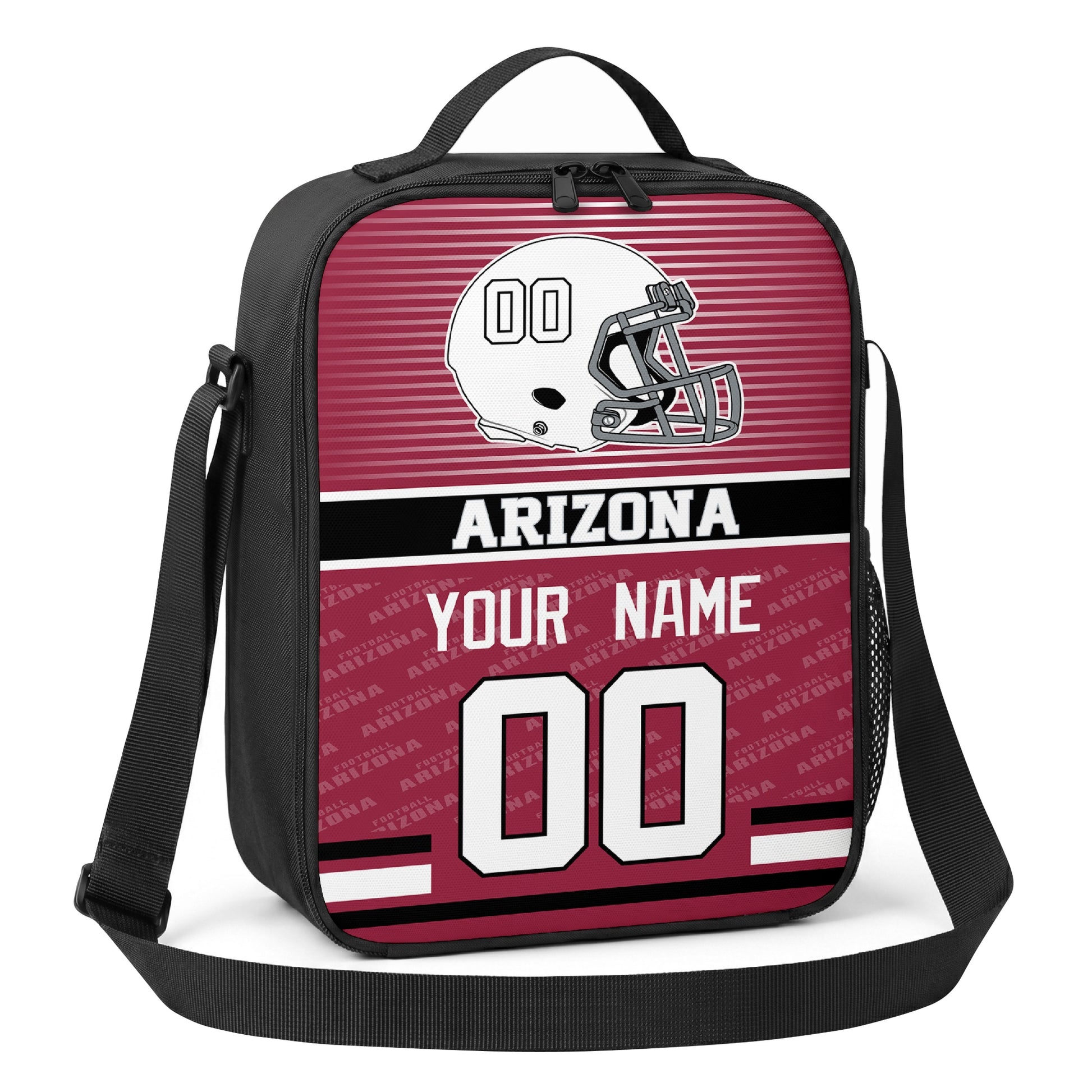 Arizona red black and white striped helmet football shoulder bag angled front view with city stripe and custom name number