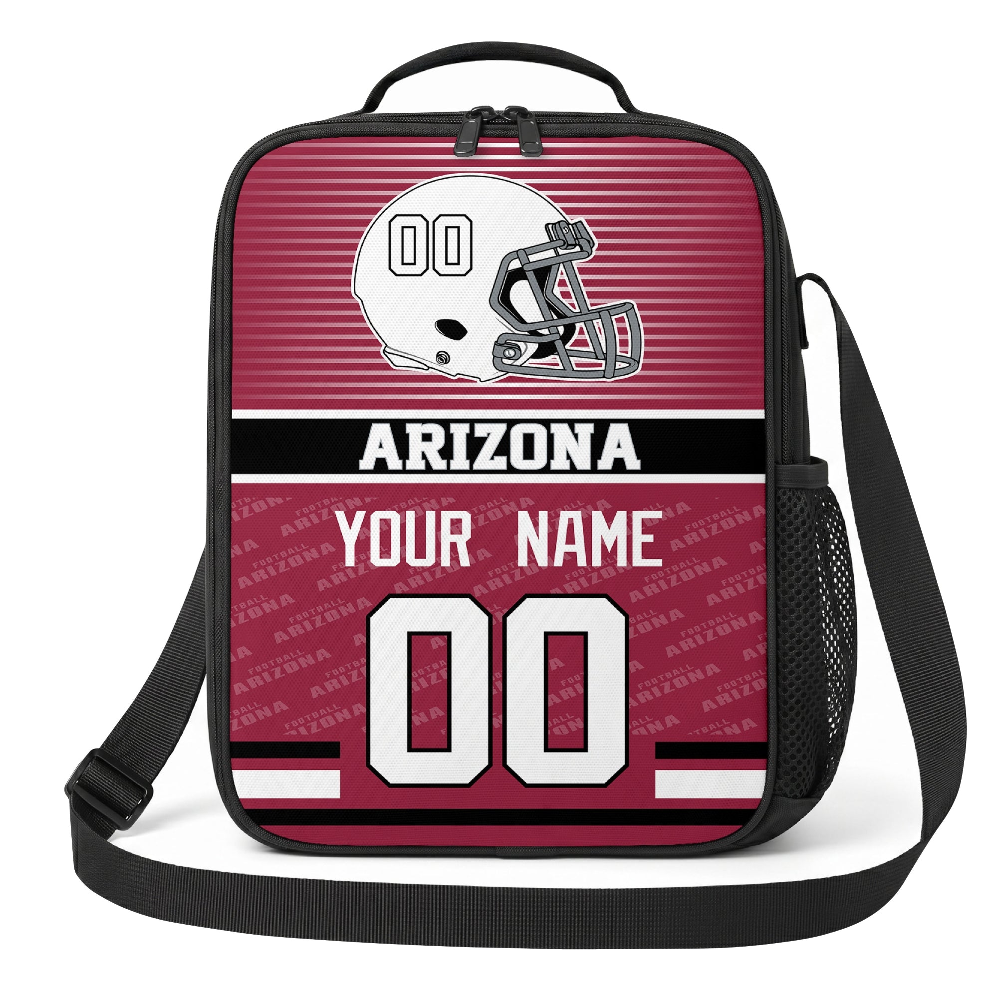 Arizona red black and white striped helmet football shoulder bag alternate angled view with side mesh pocket top handle and shoulder strap