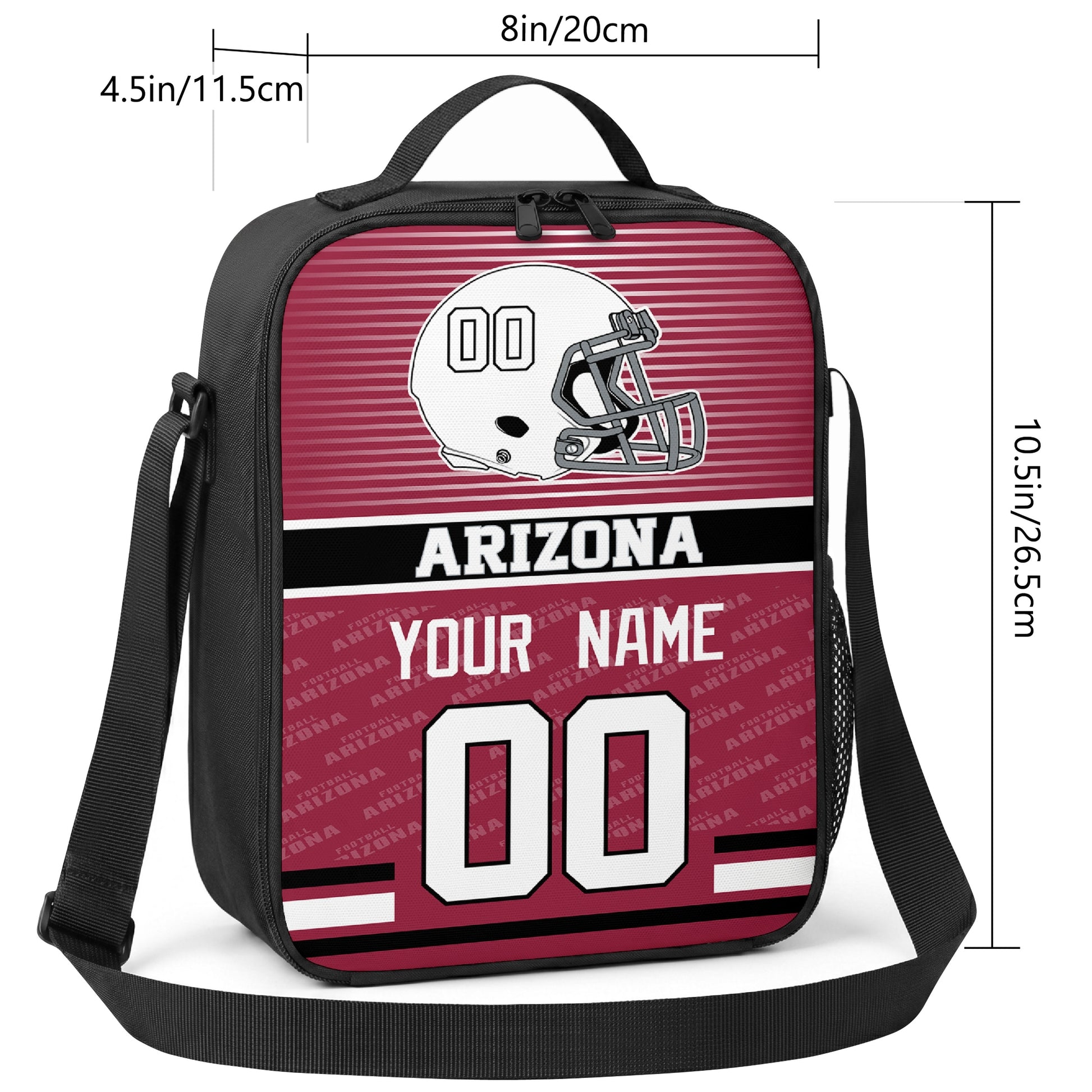 Arizona striped helmet football shoulder bag size guide showing 8 inch width 4.5 inch depth and 10.5 inch height