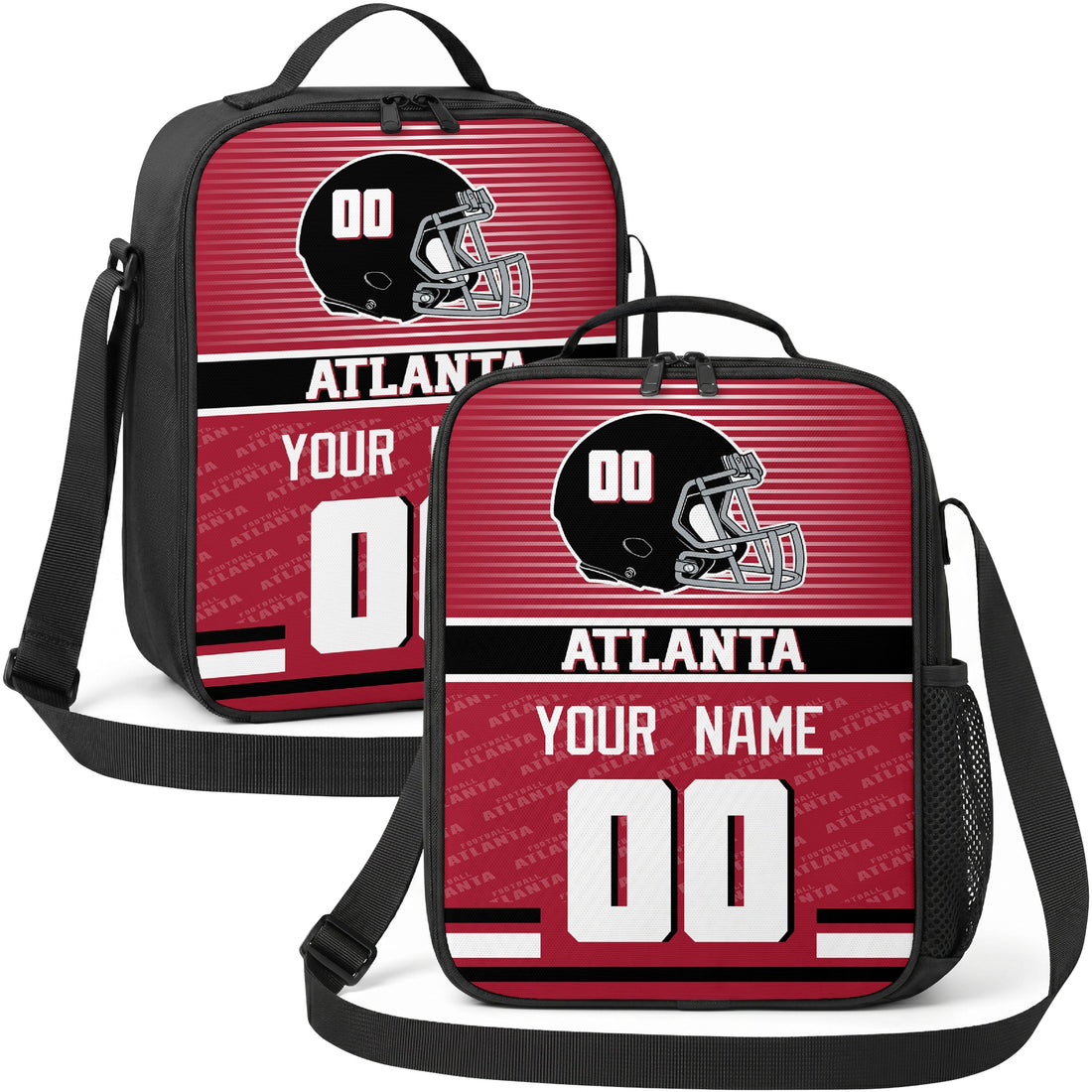 Atlanta personalized striped helmet football shoulder bag in red black and white showing front and angled views with custom name and number